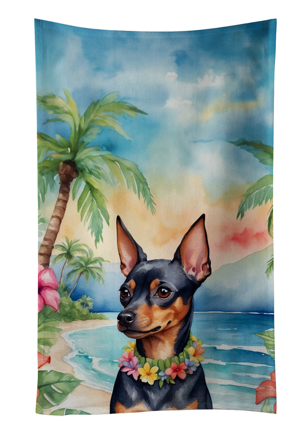 Miniature Pinscher Luau Kitchen Towel Velour Plush Front and Cotton Loop Back Machine Washable