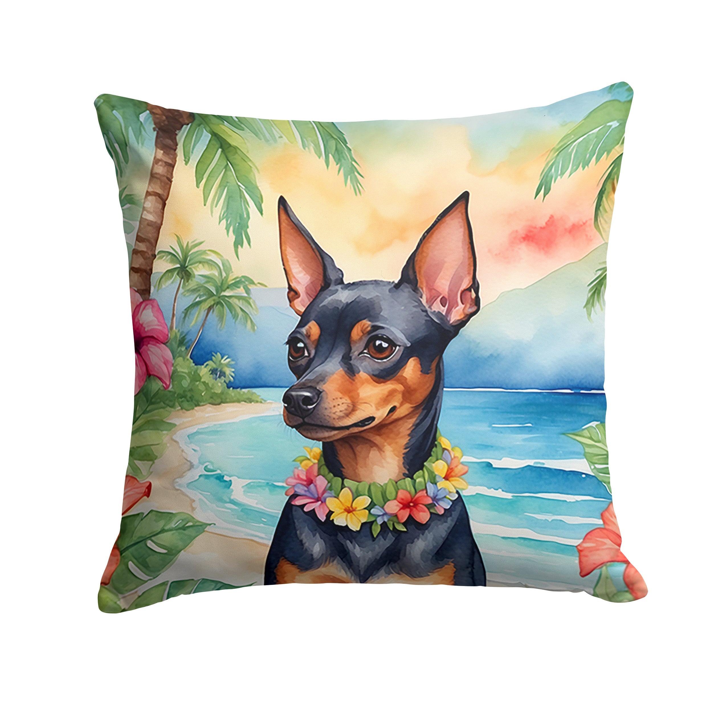 Miniature Pinscher Luau Decorative Throw Pillow 14x14 Indoor Outdoor Accent Cushion, Fabric Cover with Insert for Sofa, Bed, Porch & Living Room
