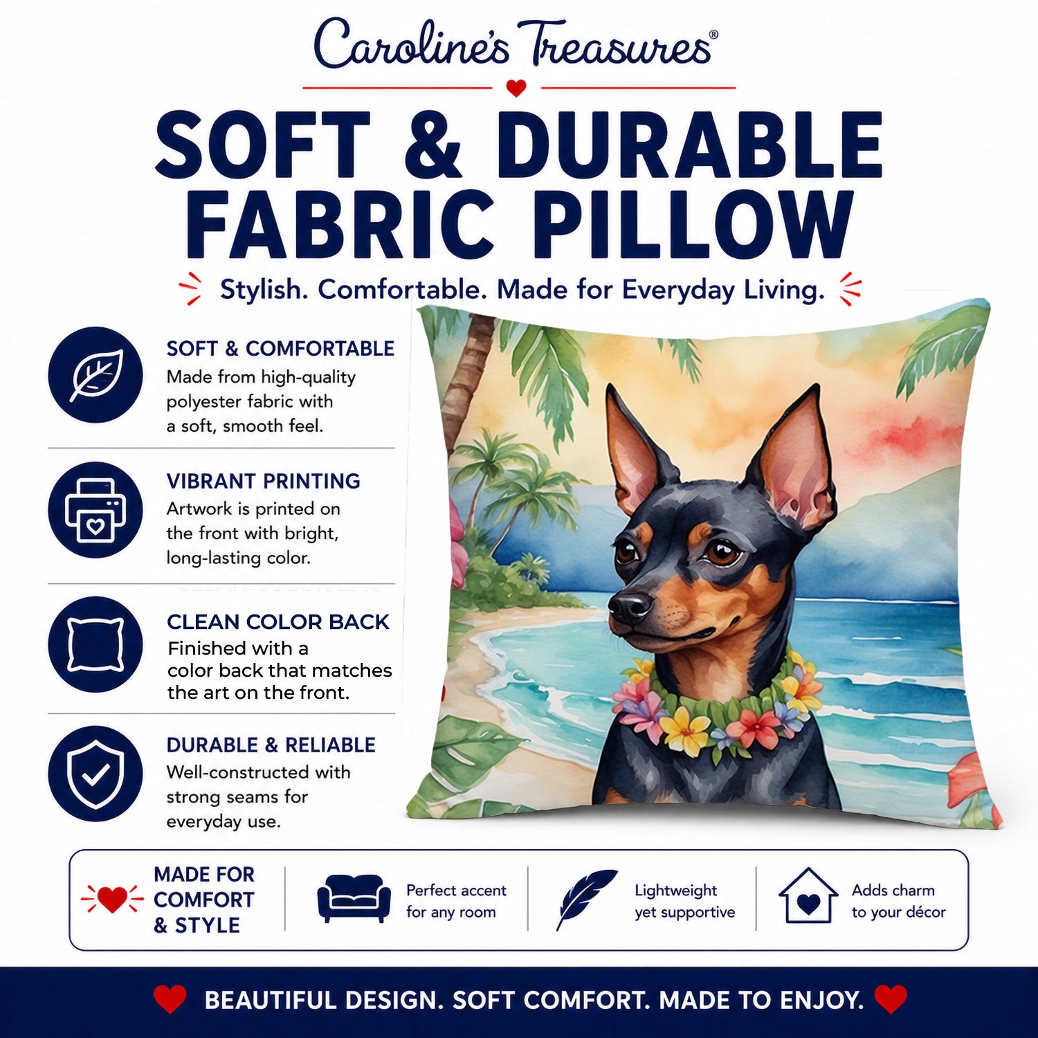 Miniature Pinscher Luau Decorative Throw Pillow 14x14 Indoor Outdoor Accent Cushion, Fabric Cover with Insert for Sofa, Bed, Porch & Living Room