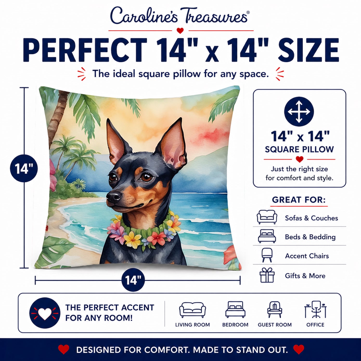 Miniature Pinscher Luau Decorative Throw Pillow 14x14 Indoor Outdoor Accent Cushion, Fabric Cover with Insert for Sofa, Bed, Porch & Living Room