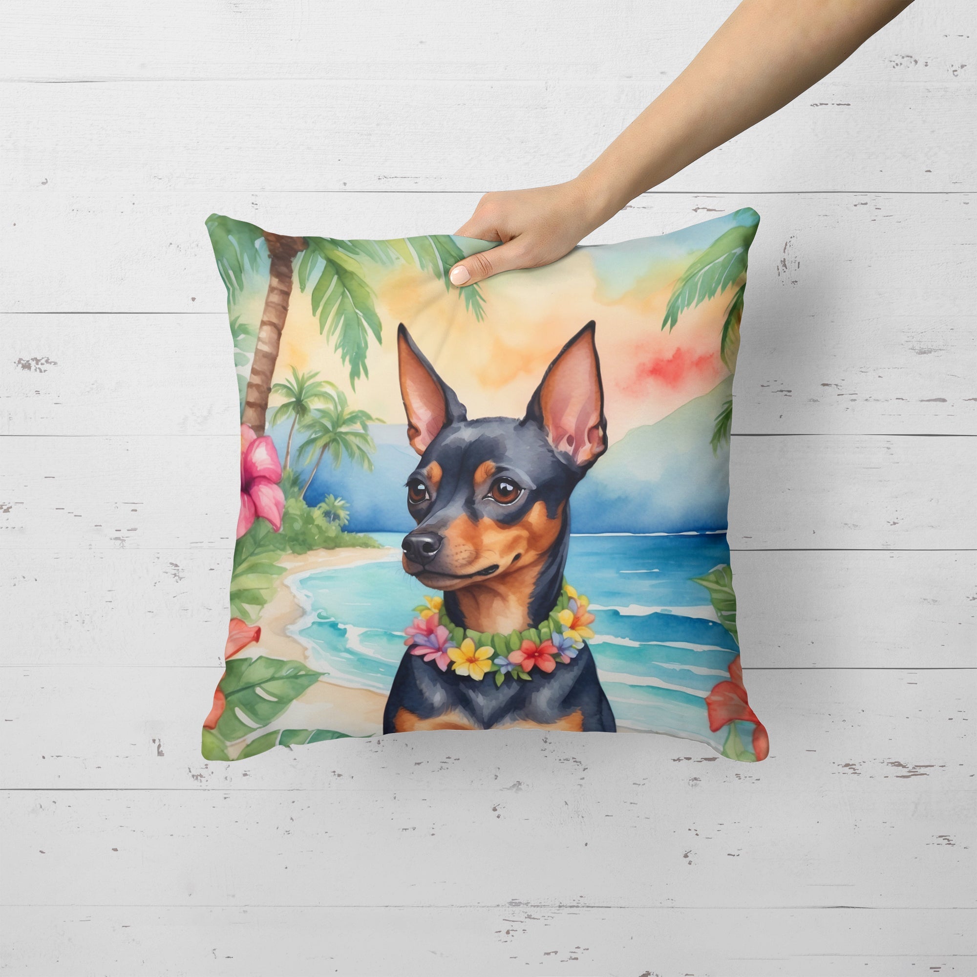 Miniature Pinscher Luau Decorative Throw Pillow 18x18 Indoor Outdoor Accent Cushion, Fabric Cover with Insert for Sofa, Bed, Porch & Living Room