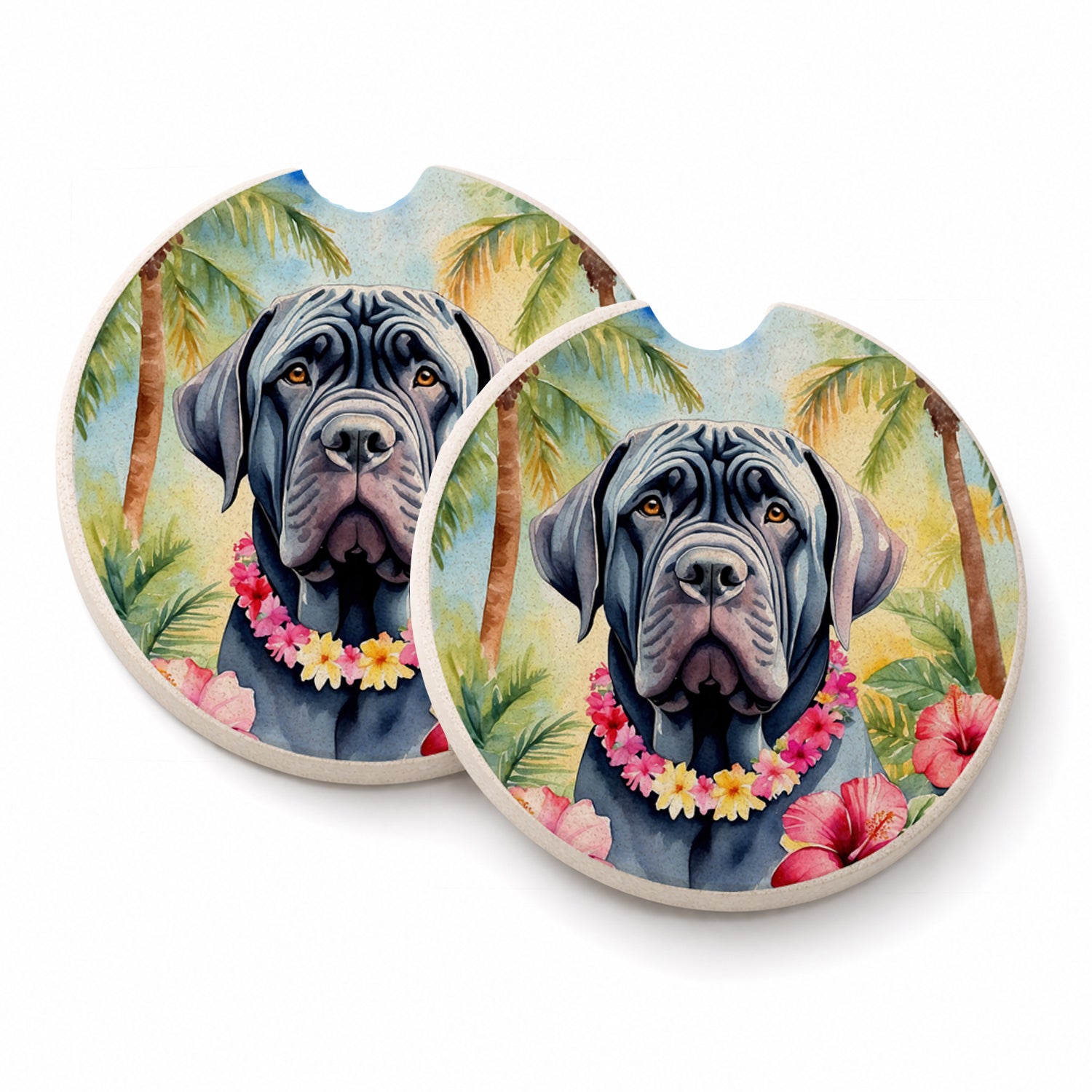 Neapolitan Mastiff Luau Set of 2 Cup Holder Car Coasters Absorbent Round Sandstone Coasters Gifts for Men or Women, 2.5, Multicolor