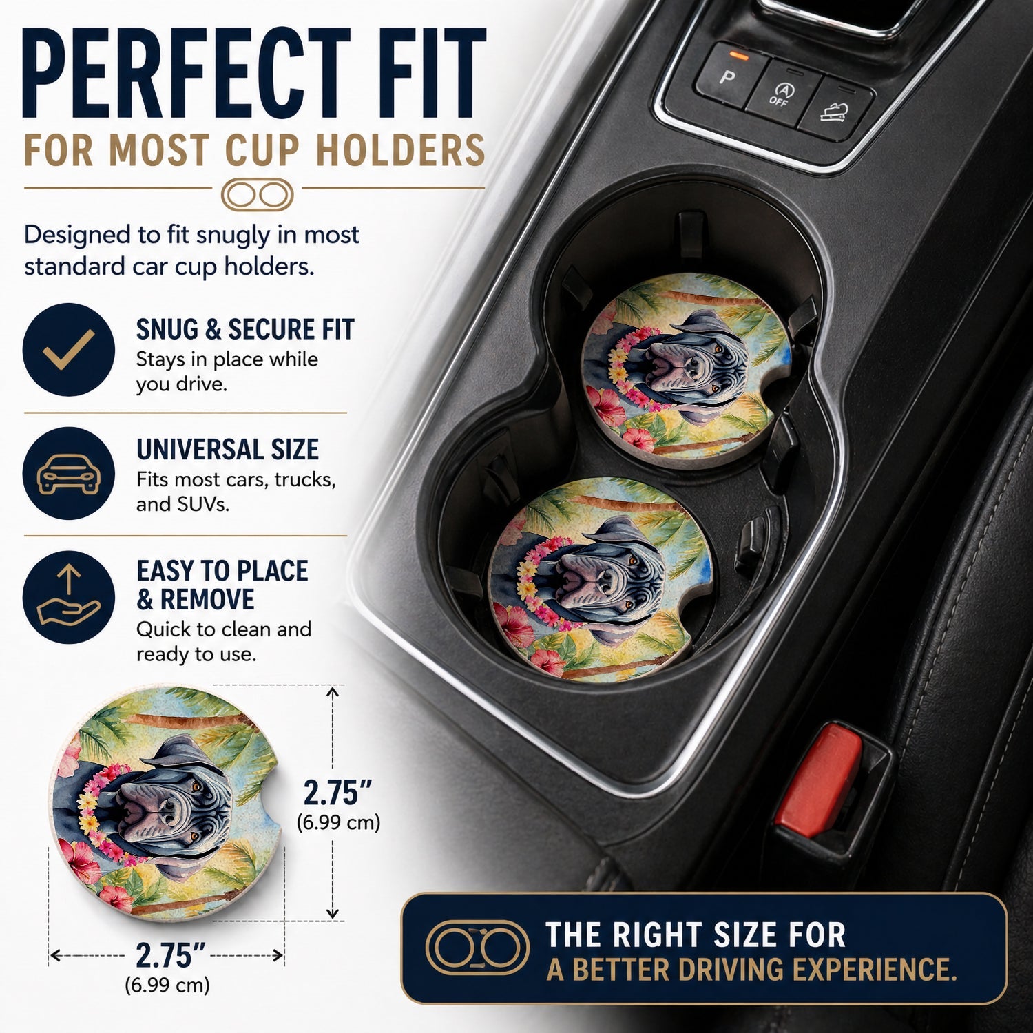 Neapolitan Mastiff Luau Set of 2 Cup Holder Car Coasters Absorbent Round Sandstone Coasters Gifts for Men or Women, 2.5, Multicolor