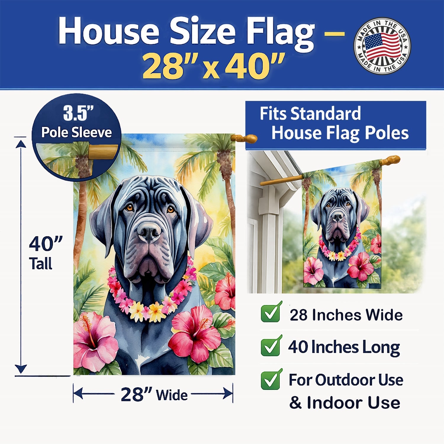 Neapolitan Mastiff Luau House Flag 28x40 Porch Sleeve Pole Decorative Outside Yard Banner Artwork Wall Hanging, Polyester