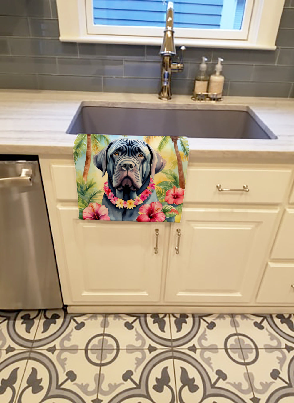 Neapolitan Mastiff Luau Kitchen Towel Velour Plush Front and Cotton Loop Back Machine Washable