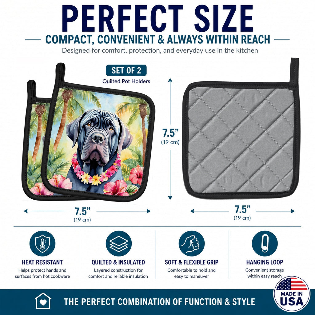 Neapolitan Mastiff Luau Pot Holder Set of 2 Heat Resistant Quilted Hot Pads 7.5 x 7.5 Inch, Insulated Kitchen Trivets for Cooking & Baking