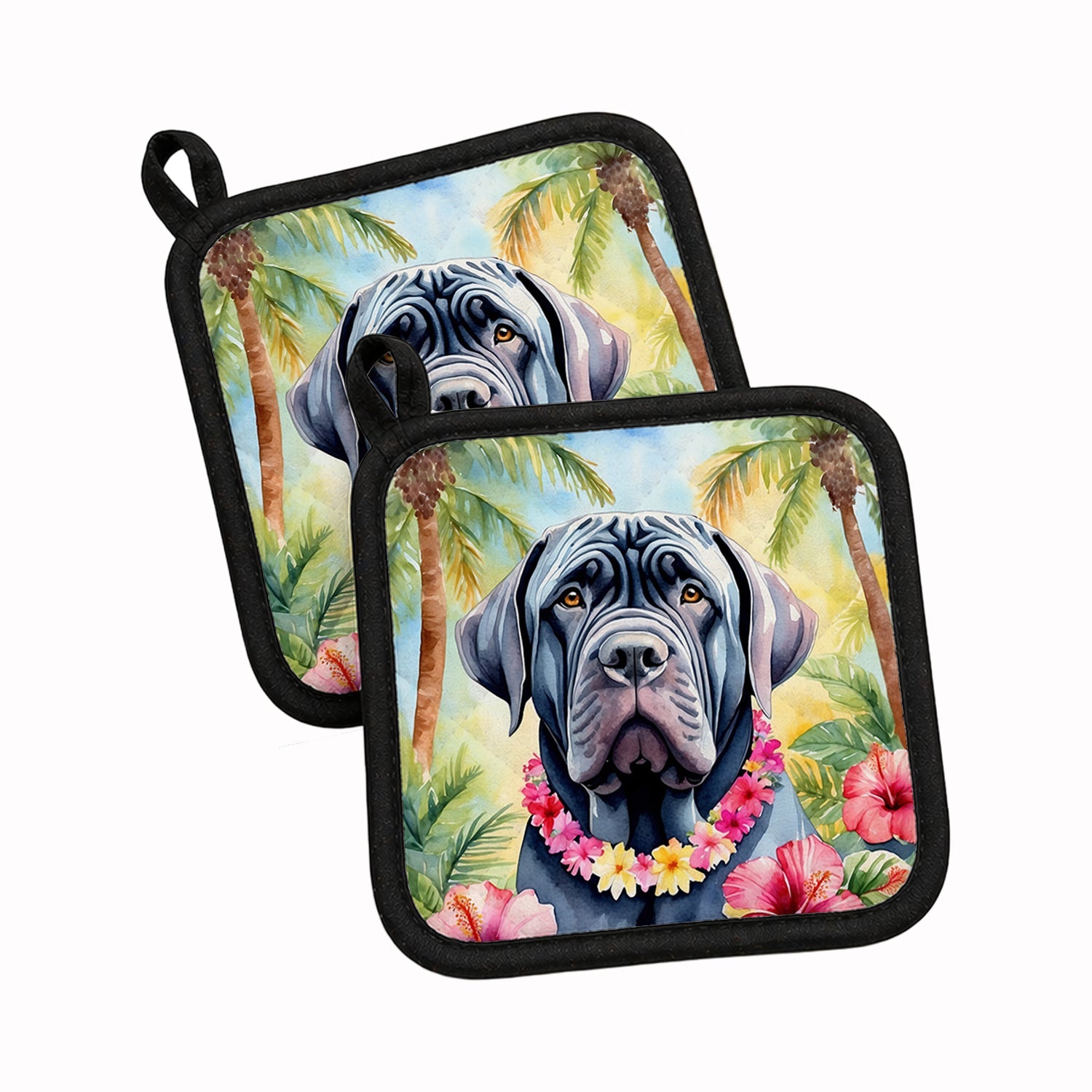 Neapolitan Mastiff Luau Pot Holder Set of 2 Heat Resistant Quilted Hot Pads 7.5 x 7.5 Inch, Insulated Kitchen Trivets for Cooking & Baking