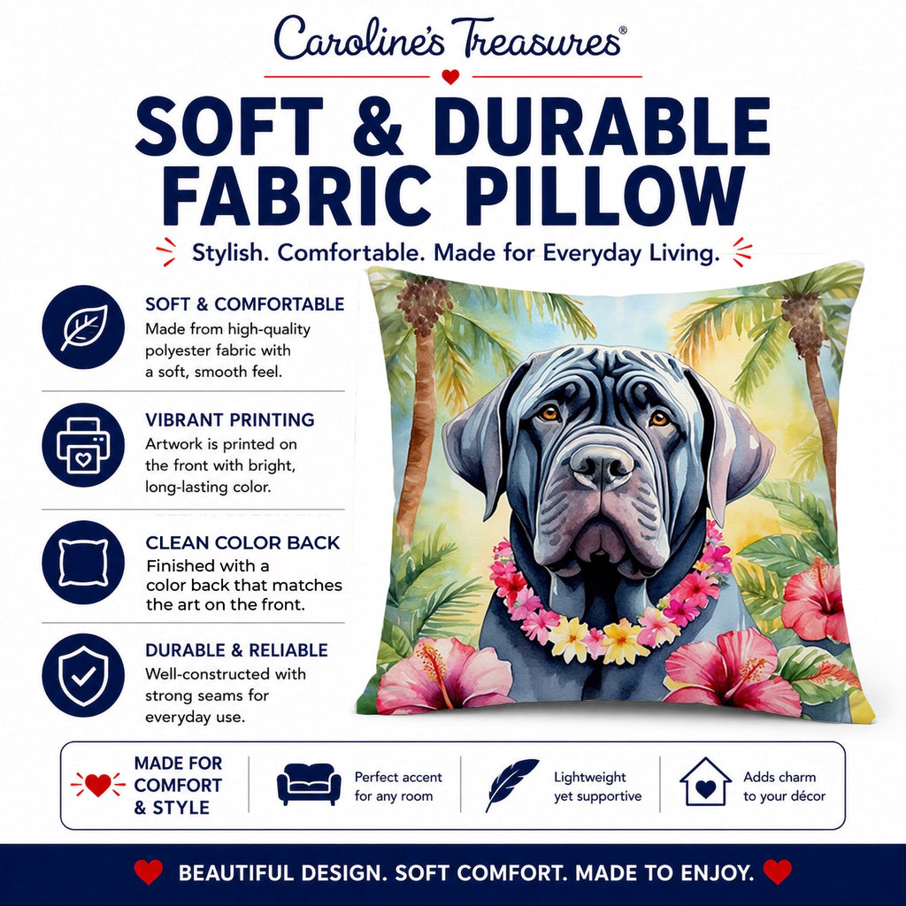 Neapolitan Mastiff Luau Decorative Throw Pillow 14x14 Indoor Outdoor Accent Cushion, Fabric Cover with Insert for Sofa, Bed, Porch & Living Room