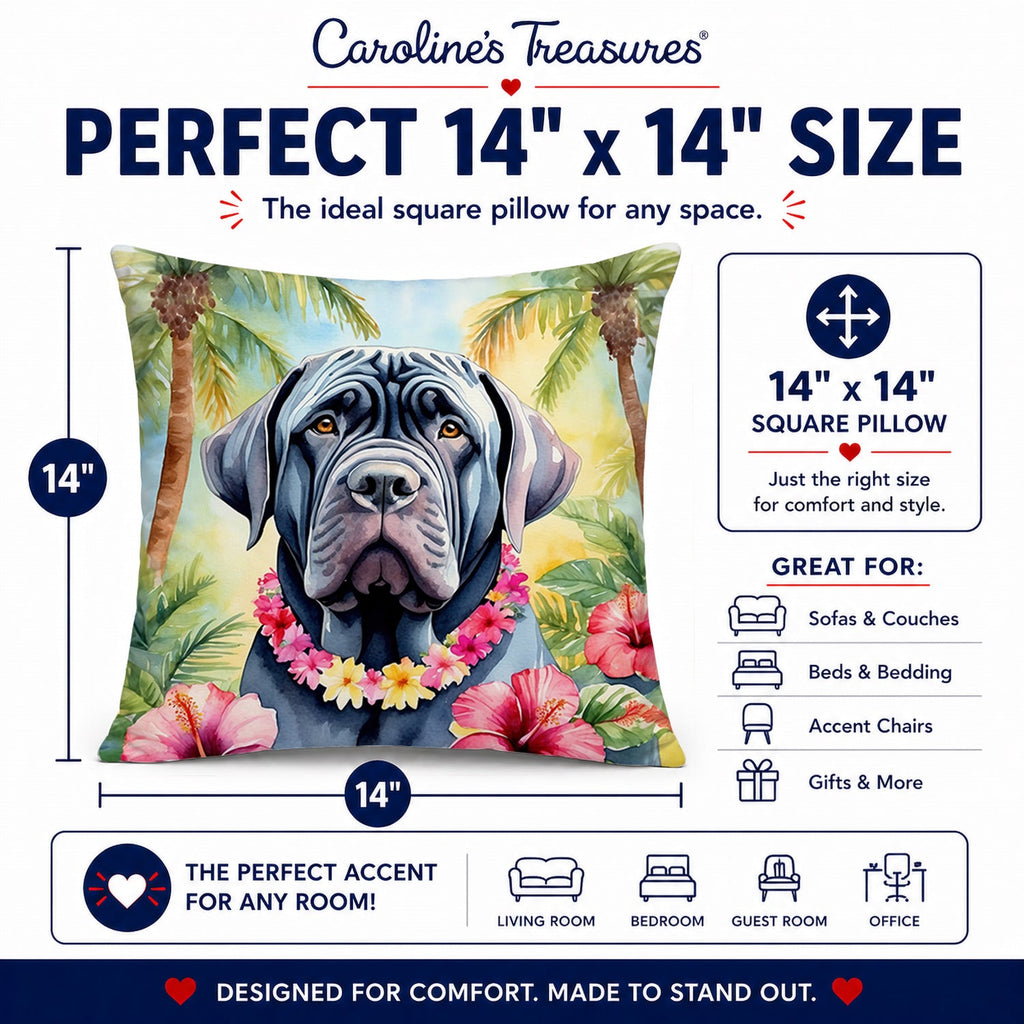 Neapolitan Mastiff Luau Decorative Throw Pillow 14x14 Indoor Outdoor Accent Cushion, Fabric Cover with Insert for Sofa, Bed, Porch & Living Room