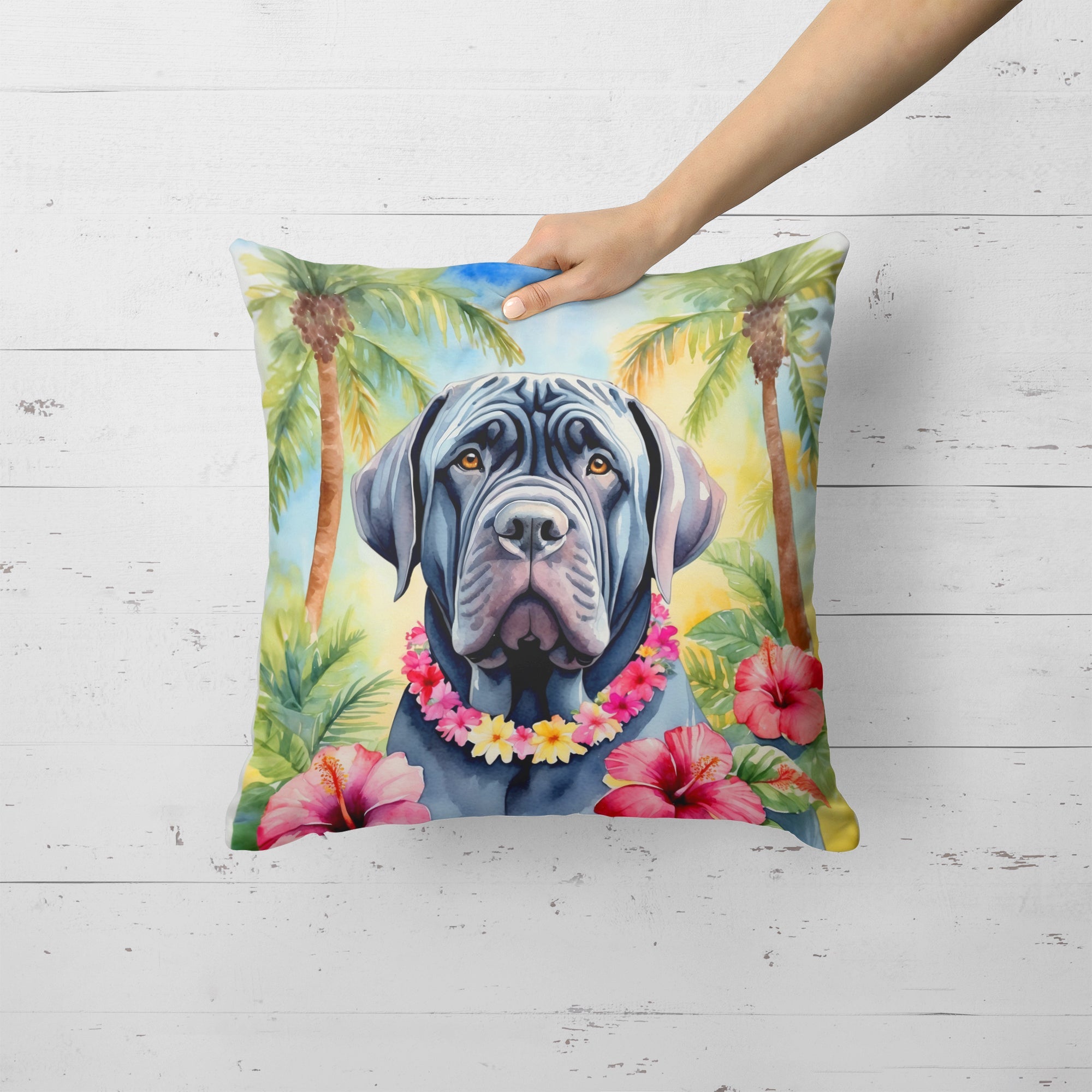 Neapolitan Mastiff Luau Decorative Throw Pillow 18x18 Indoor Outdoor Accent Cushion, Fabric Cover with Insert for Sofa, Bed, Porch & Living Room