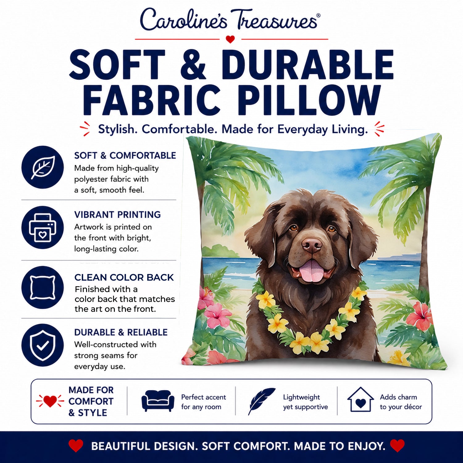Newfoundland Luau Decorative Throw Pillow 14x14 Indoor Outdoor Accent Cushion, Fabric Cover with Insert for Sofa, Bed, Porch & Living Room