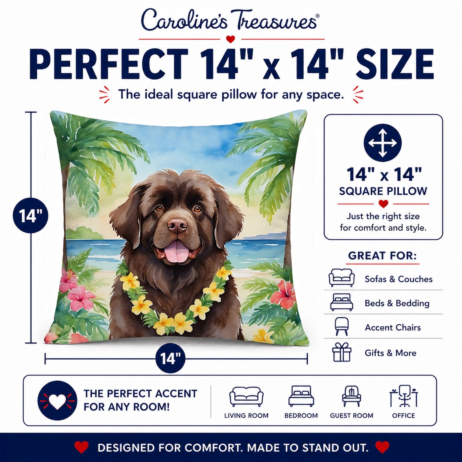 Newfoundland Luau Decorative Throw Pillow 14x14 Indoor Outdoor Accent Cushion, Fabric Cover with Insert for Sofa, Bed, Porch & Living Room