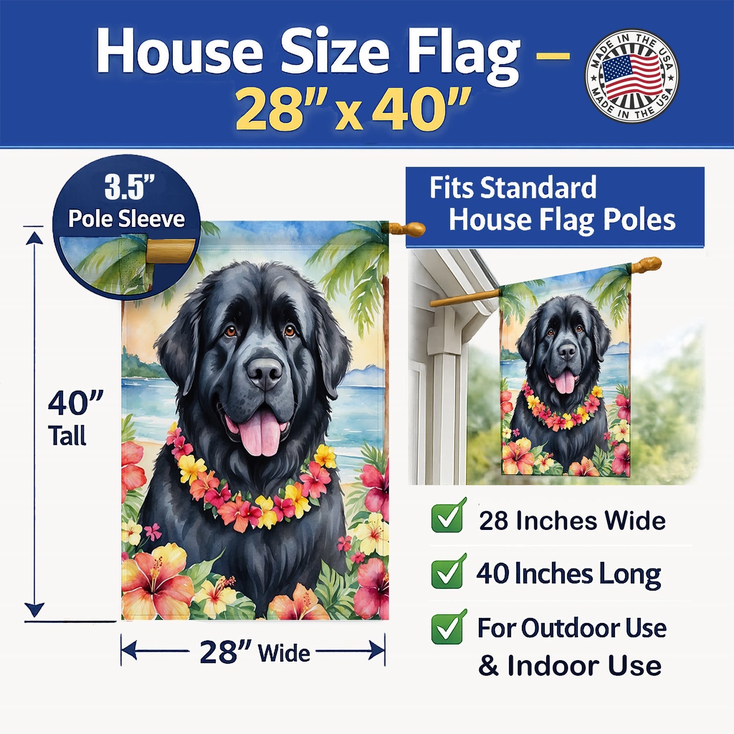 Newfoundland Luau House Flag 28x40 Porch Sleeve Pole Decorative Outside Yard Banner Artwork Wall Hanging, Polyester
