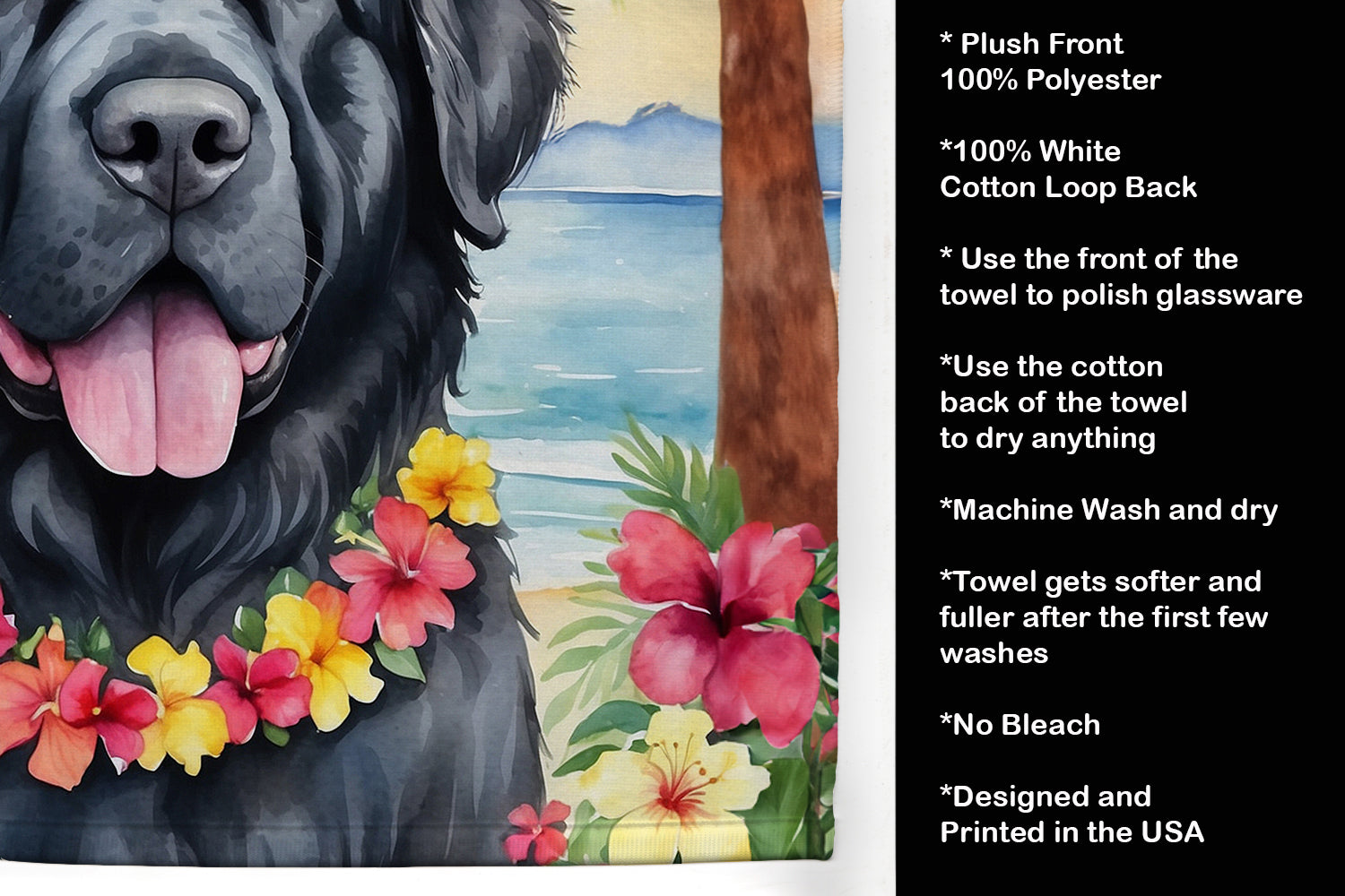 Newfoundland Luau Kitchen Towel Velour Plush Front and Cotton Loop Back Machine Washable
