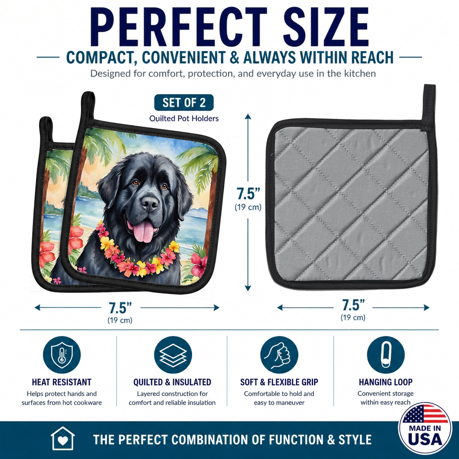 Newfoundland Luau Pot Holder Set of 2 Heat Resistant Quilted Hot Pads 7.5 x 7.5 Inch, Insulated Kitchen Trivets for Cooking & Baking