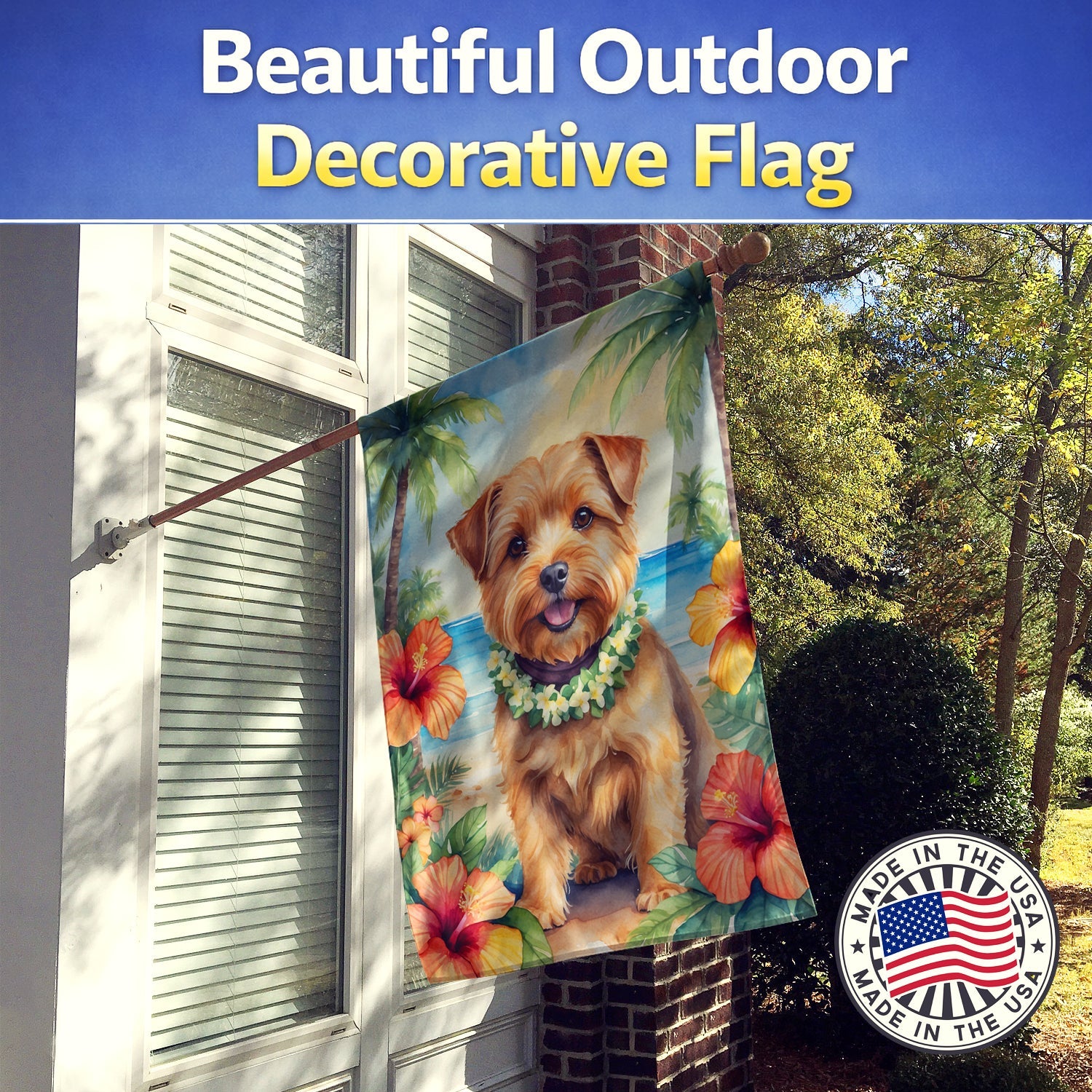 Norfolk Terrier Luau House Flag 28x40 Porch Sleeve Pole Decorative Outside Yard Banner Artwork Wall Hanging, Polyester