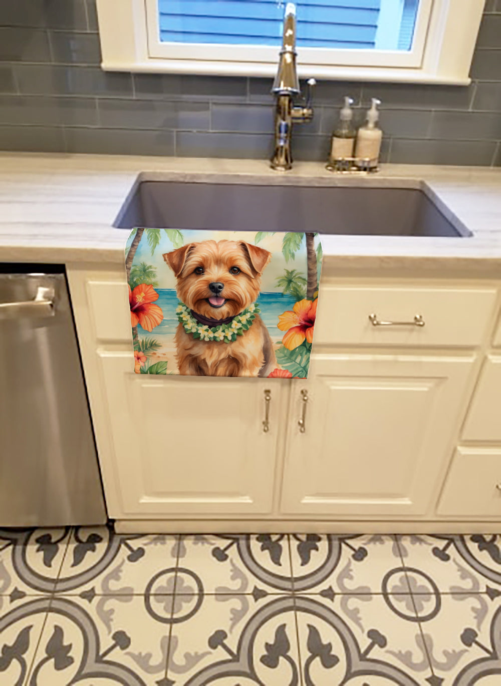 Norfolk Terrier Luau Kitchen Towel Velour Plush Front and Cotton Loop Back Machine Washable