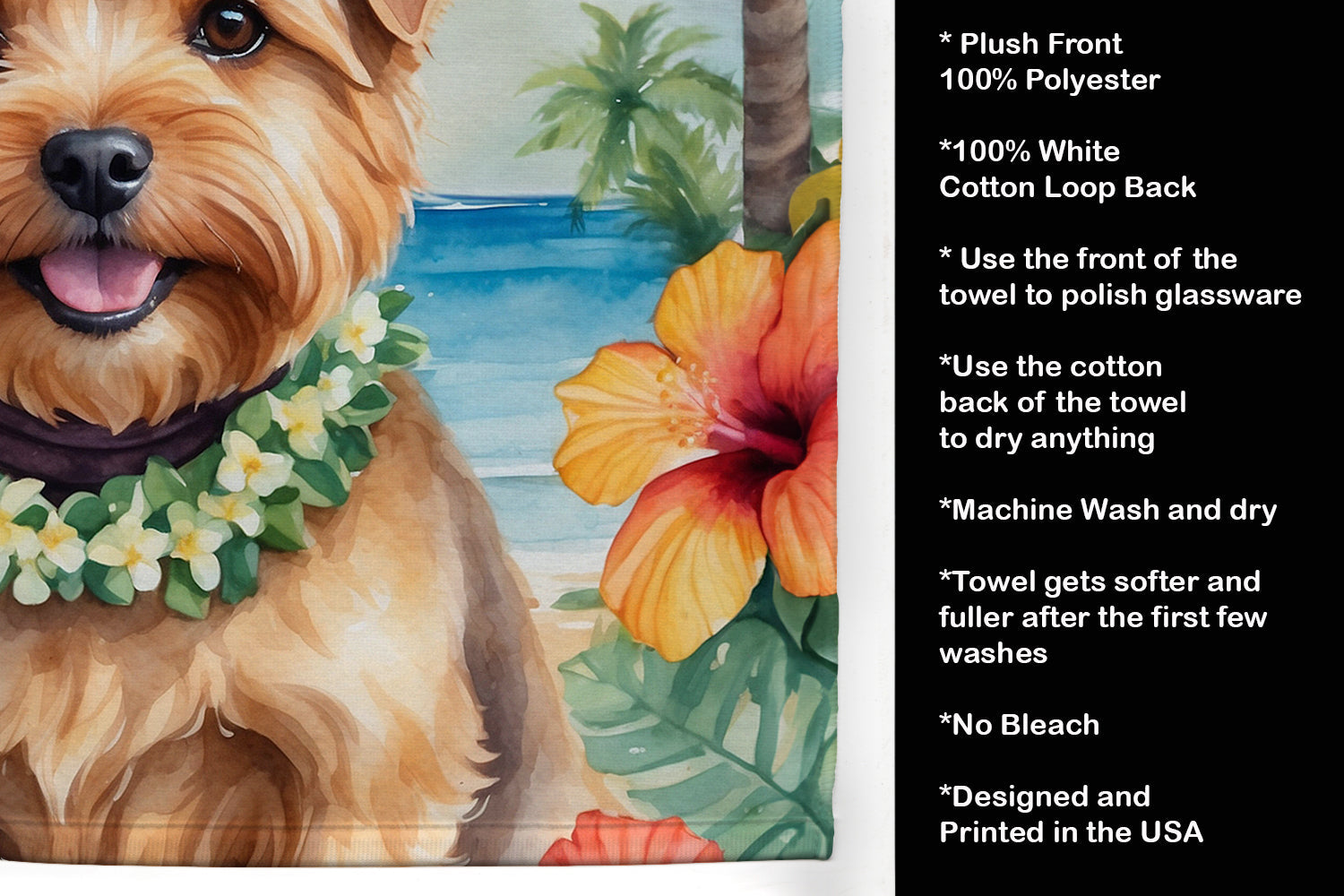 Norfolk Terrier Luau Kitchen Towel Velour Plush Front and Cotton Loop Back Machine Washable