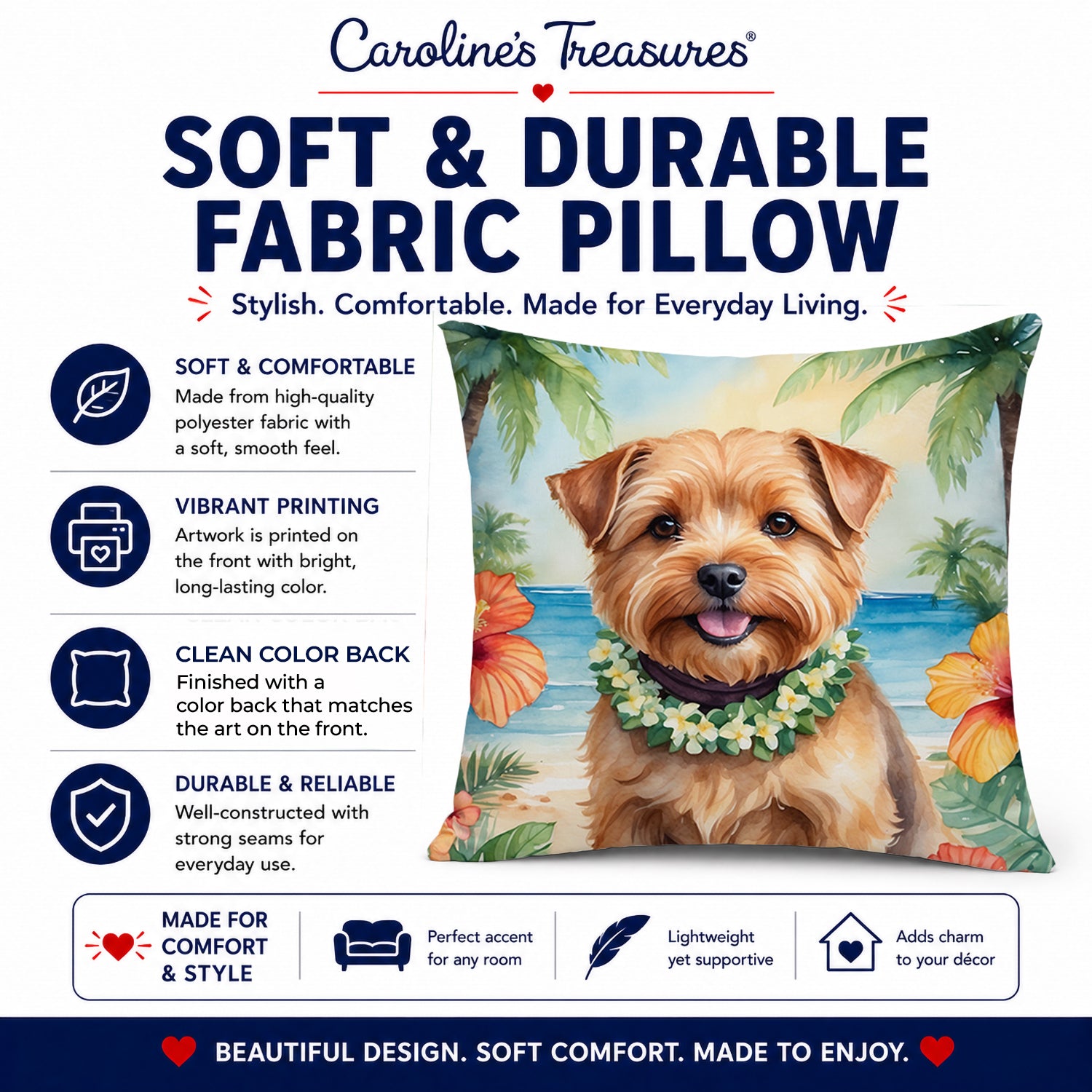 Norfolk Terrier Luau Decorative Throw Pillow 14x14 Indoor Outdoor Accent Cushion, Fabric Cover with Insert for Sofa, Bed, Porch & Living Room