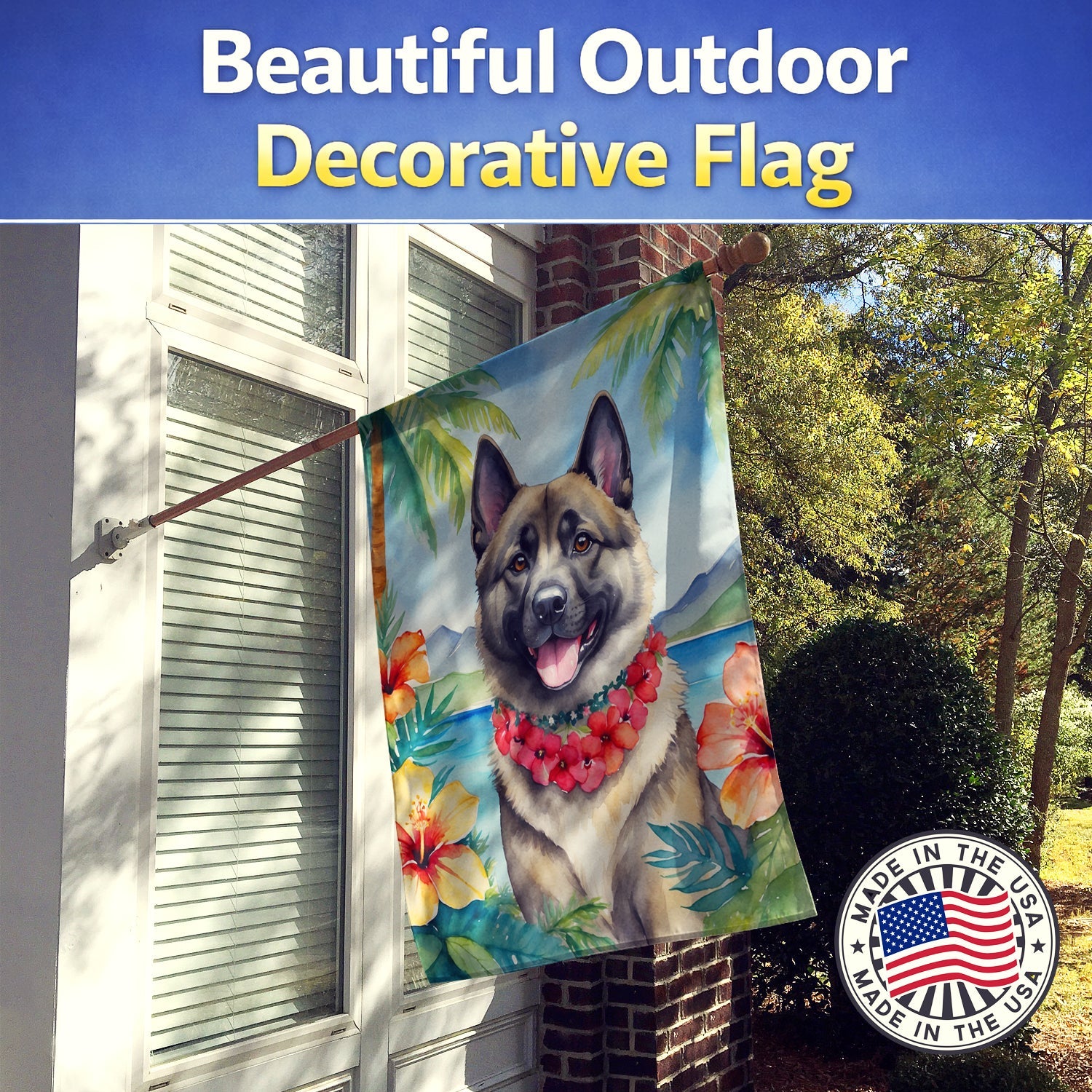 Norwegian Elkhound Luau House Flag 28x40 Porch Sleeve Pole Decorative Outside Yard Banner Artwork Wall Hanging, Polyester