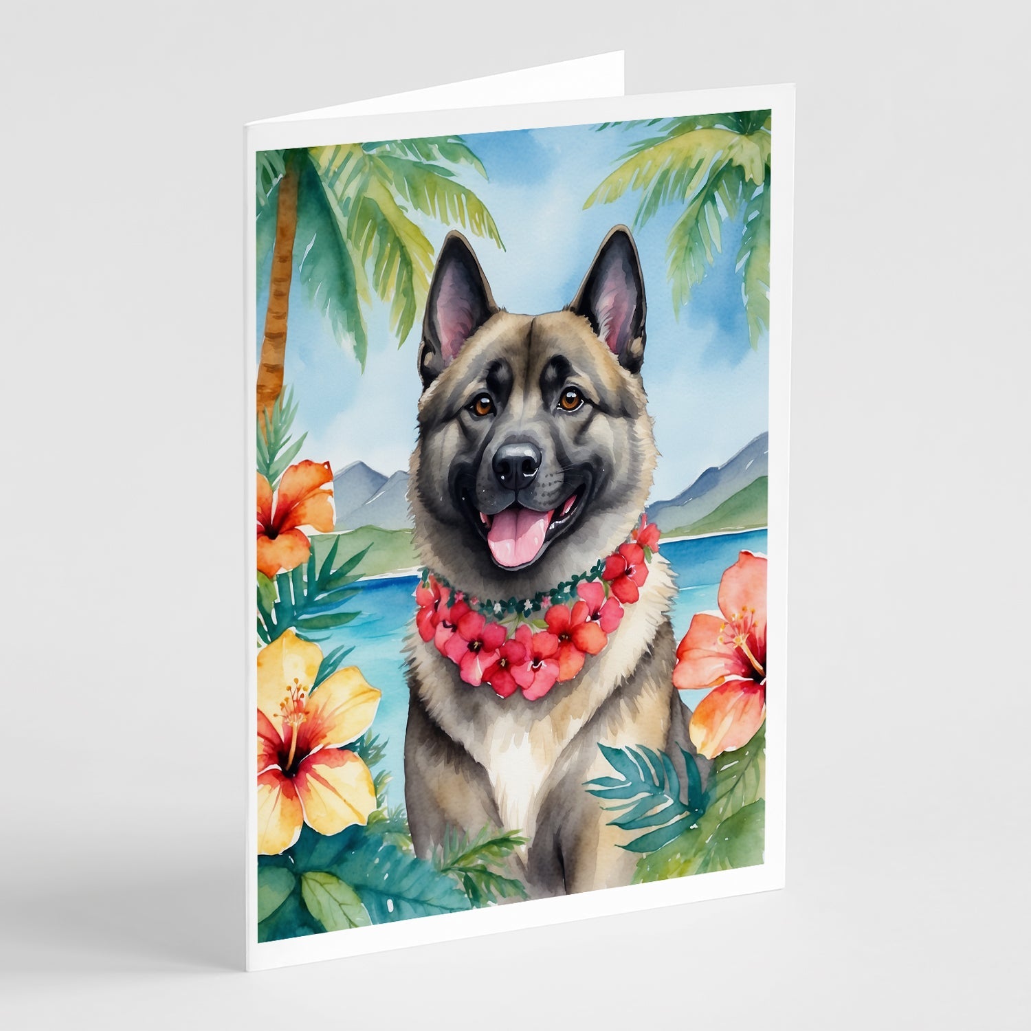 Norwegian Elkhound Luau Greeting Cards Pack of 8 Blank Cards with Envelopes Whimsical A7 Size 5x7