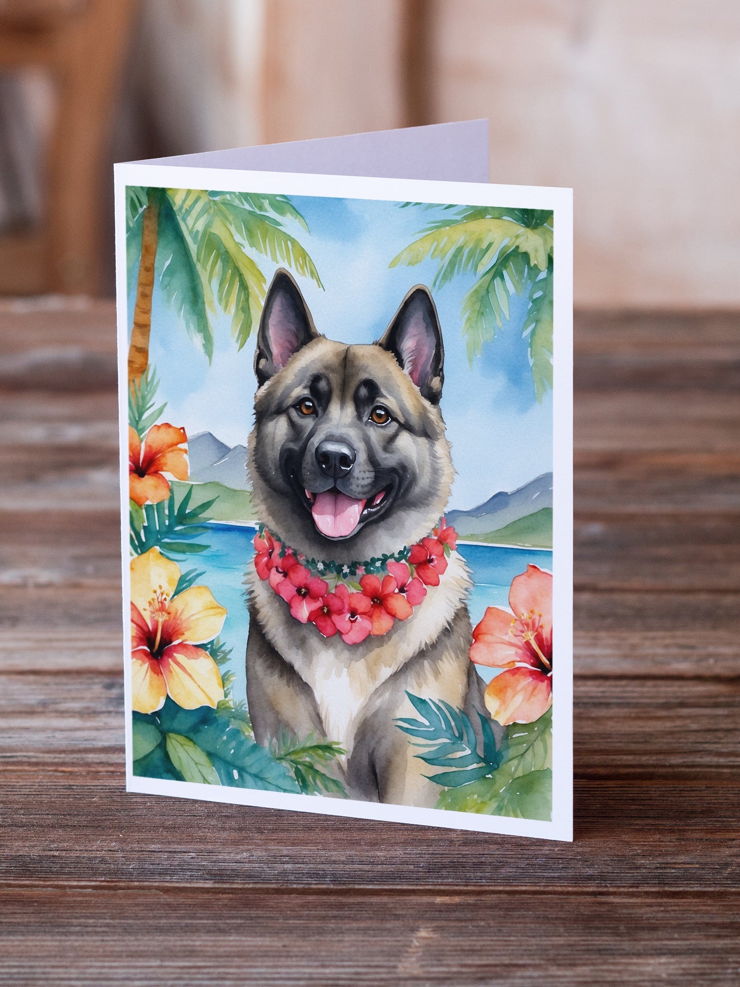 Norwegian Elkhound Luau Greeting Cards Pack of 8 Blank Cards with Envelopes Whimsical A7 Size 5x7