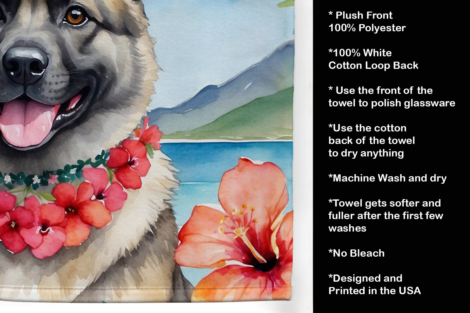 Norwegian Elkhound Luau Kitchen Towel Velour Plush Front and Cotton Loop Back Machine Washable