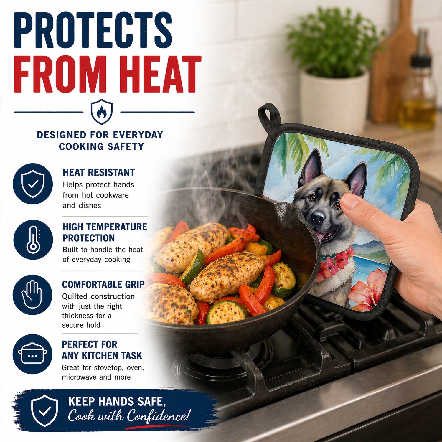 Norwegian Elkhound Luau Pot Holder Set of 2 Heat Resistant Quilted Hot Pads 7.5 x 7.5 Inch, Insulated Kitchen Trivets for Cooking & Baking
