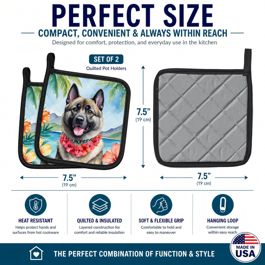 Norwegian Elkhound Luau Pot Holder Set of 2 Heat Resistant Quilted Hot Pads 7.5 x 7.5 Inch, Insulated Kitchen Trivets for Cooking & Baking