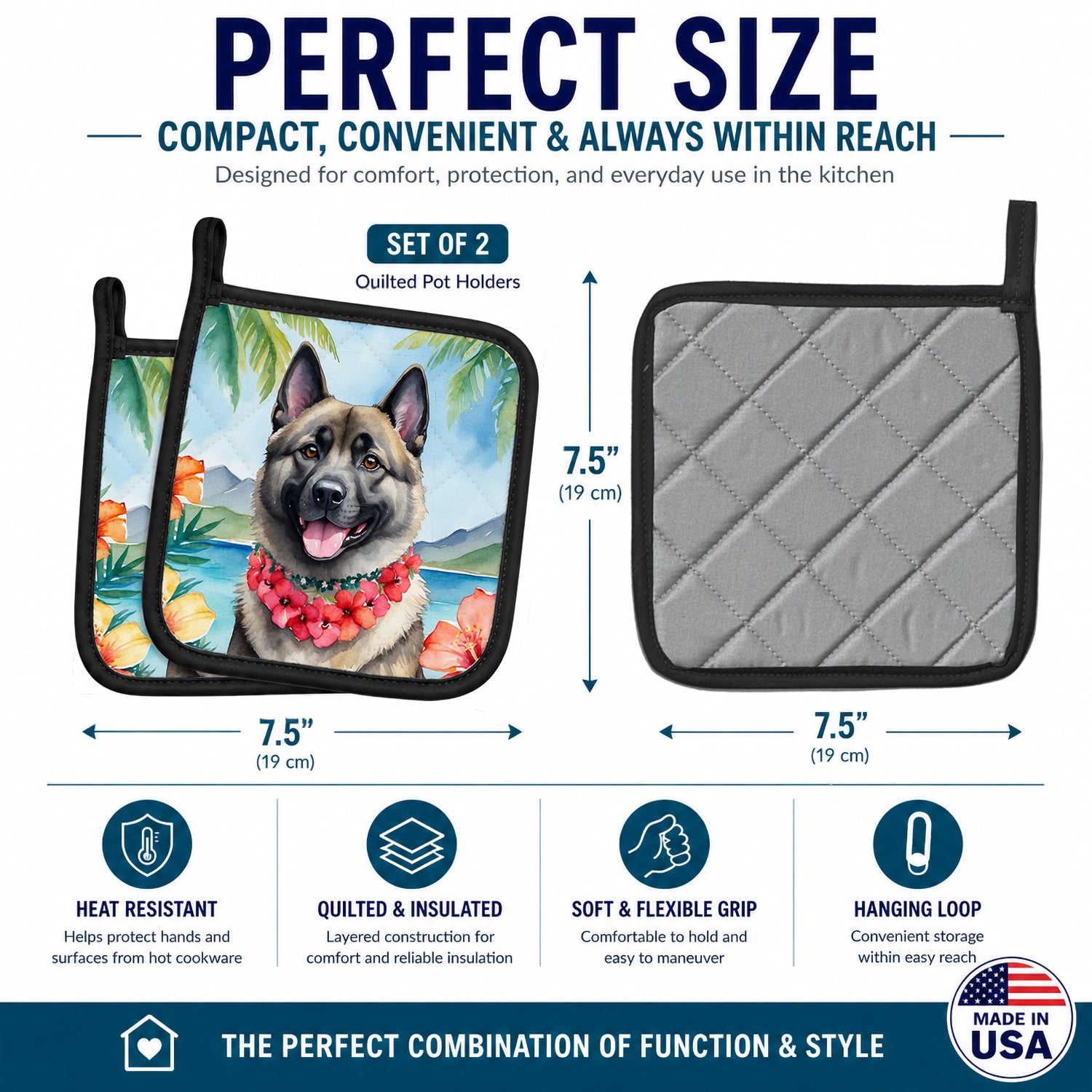 Norwegian Elkhound Luau Pot Holder Set of 2 Heat Resistant Quilted Hot Pads 7.5 x 7.5 Inch, Insulated Kitchen Trivets for Cooking & Baking
