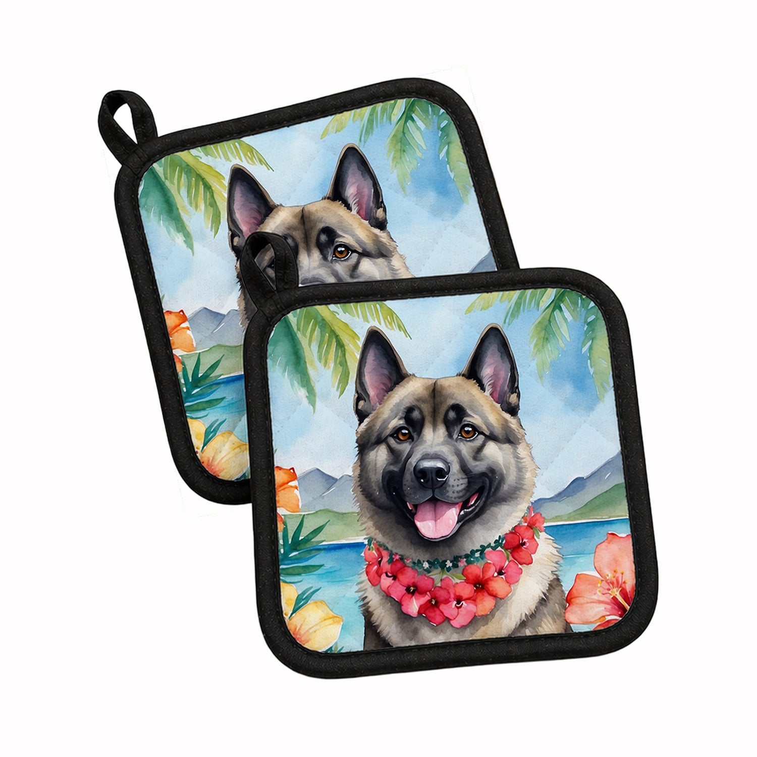 Norwegian Elkhound Luau Pot Holder Set of 2 Heat Resistant Quilted Hot Pads 7.5 x 7.5 Inch, Insulated Kitchen Trivets for Cooking & Baking