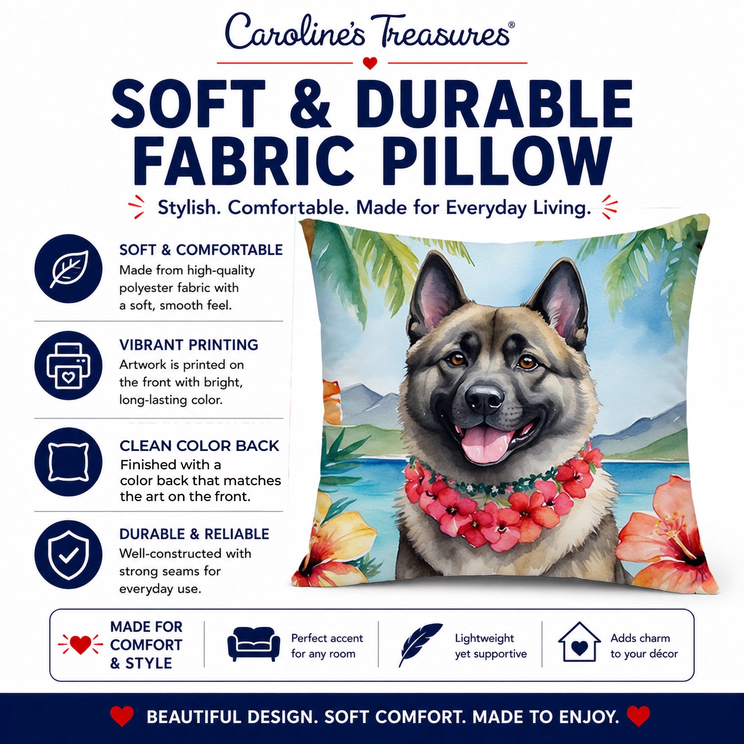 Norwegian Elkhound Luau Decorative Throw Pillow 14x14 Indoor Outdoor Accent Cushion, Fabric Cover with Insert for Sofa, Bed, Porch & Living Room