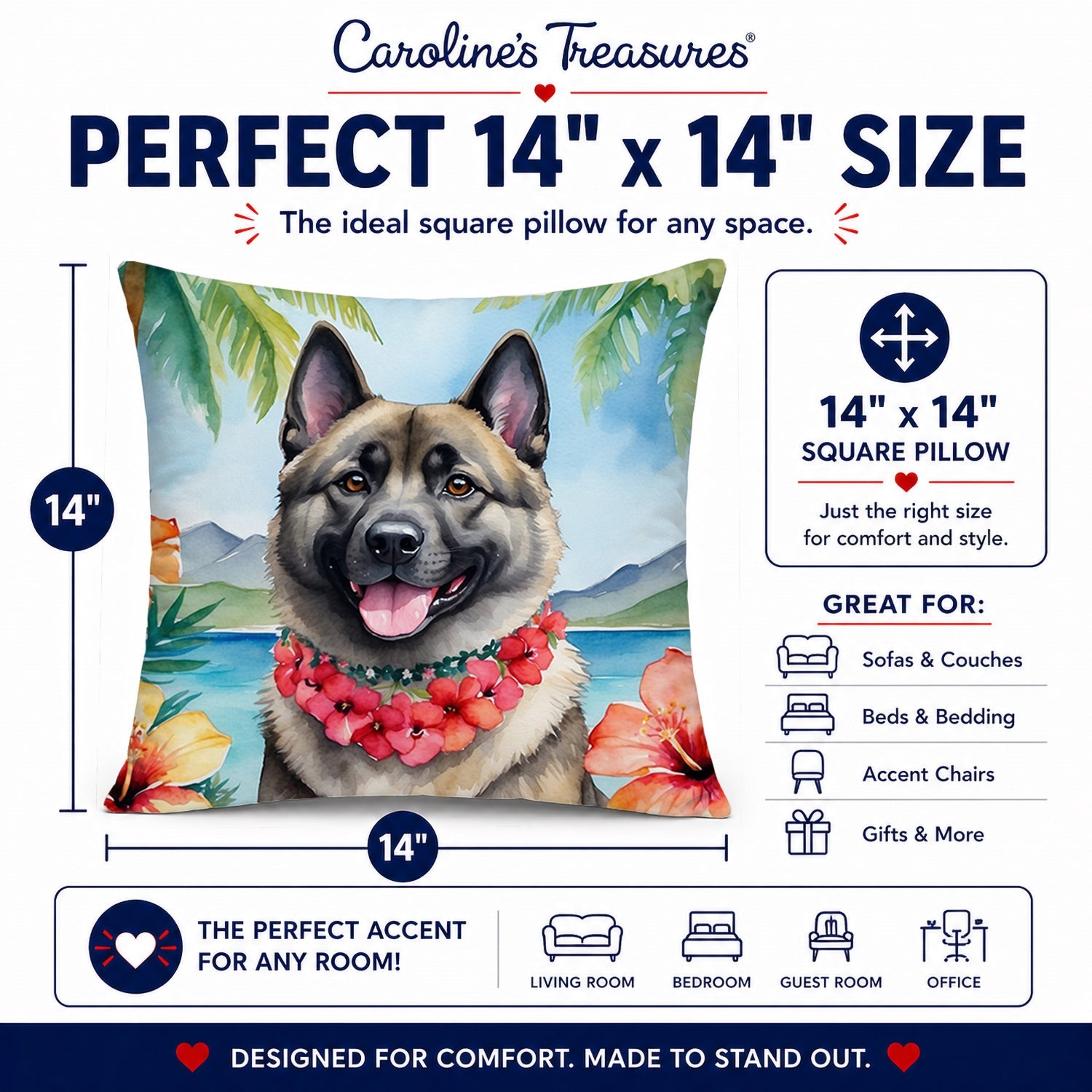 Norwegian Elkhound Luau Decorative Throw Pillow 14x14 Indoor Outdoor Accent Cushion, Fabric Cover with Insert for Sofa, Bed, Porch & Living Room