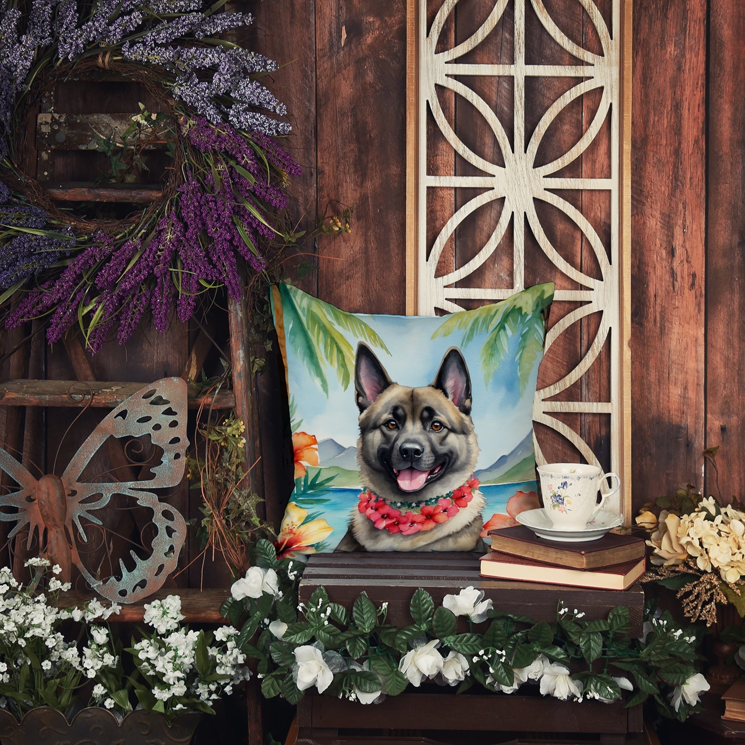 Norwegian Elkhound Luau Decorative Throw Pillow 18x18 Indoor Outdoor Accent Cushion, Fabric Cover with Insert for Sofa, Bed, Porch & Living Room