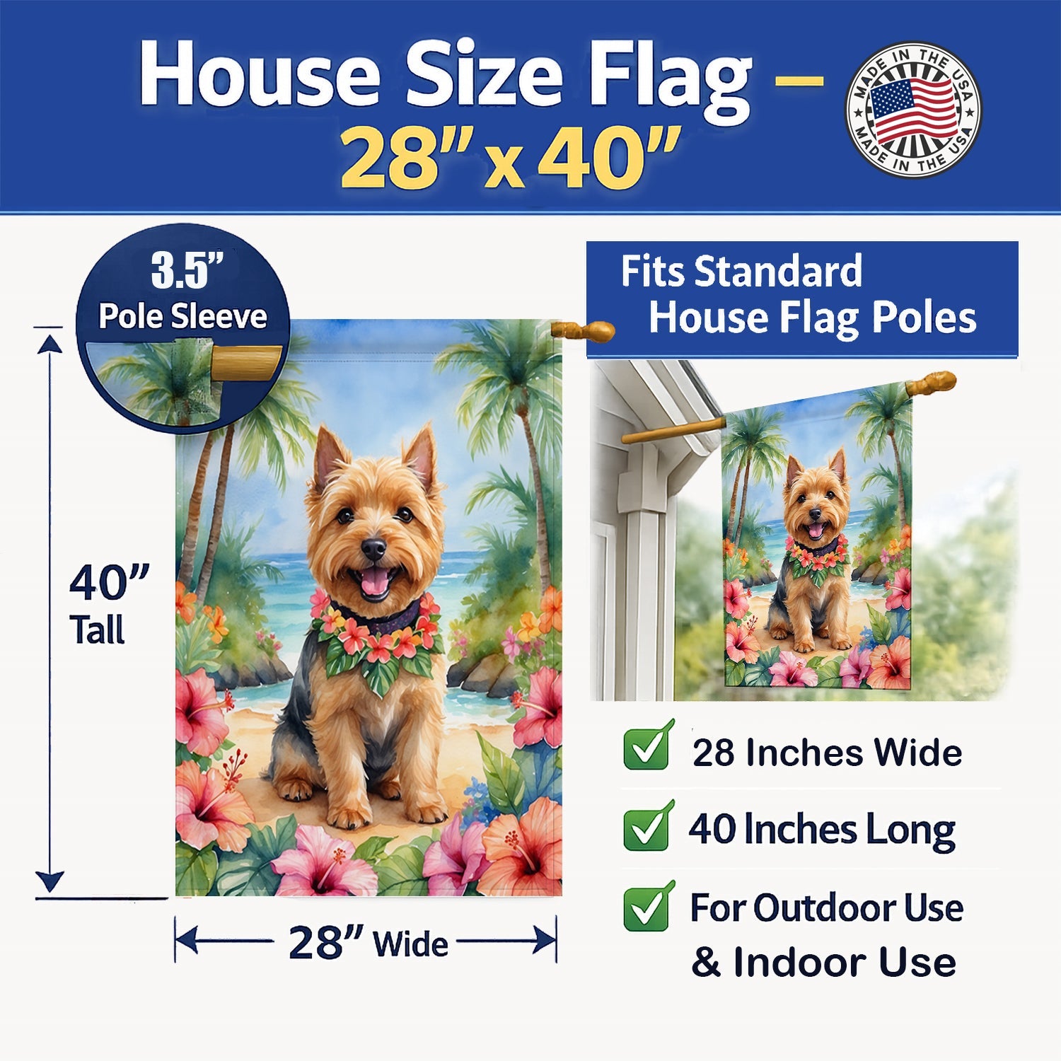 Norwich Terrier Luau House Flag 28x40 Porch Sleeve Pole Decorative Outside Yard Banner Artwork Wall Hanging, Polyester
