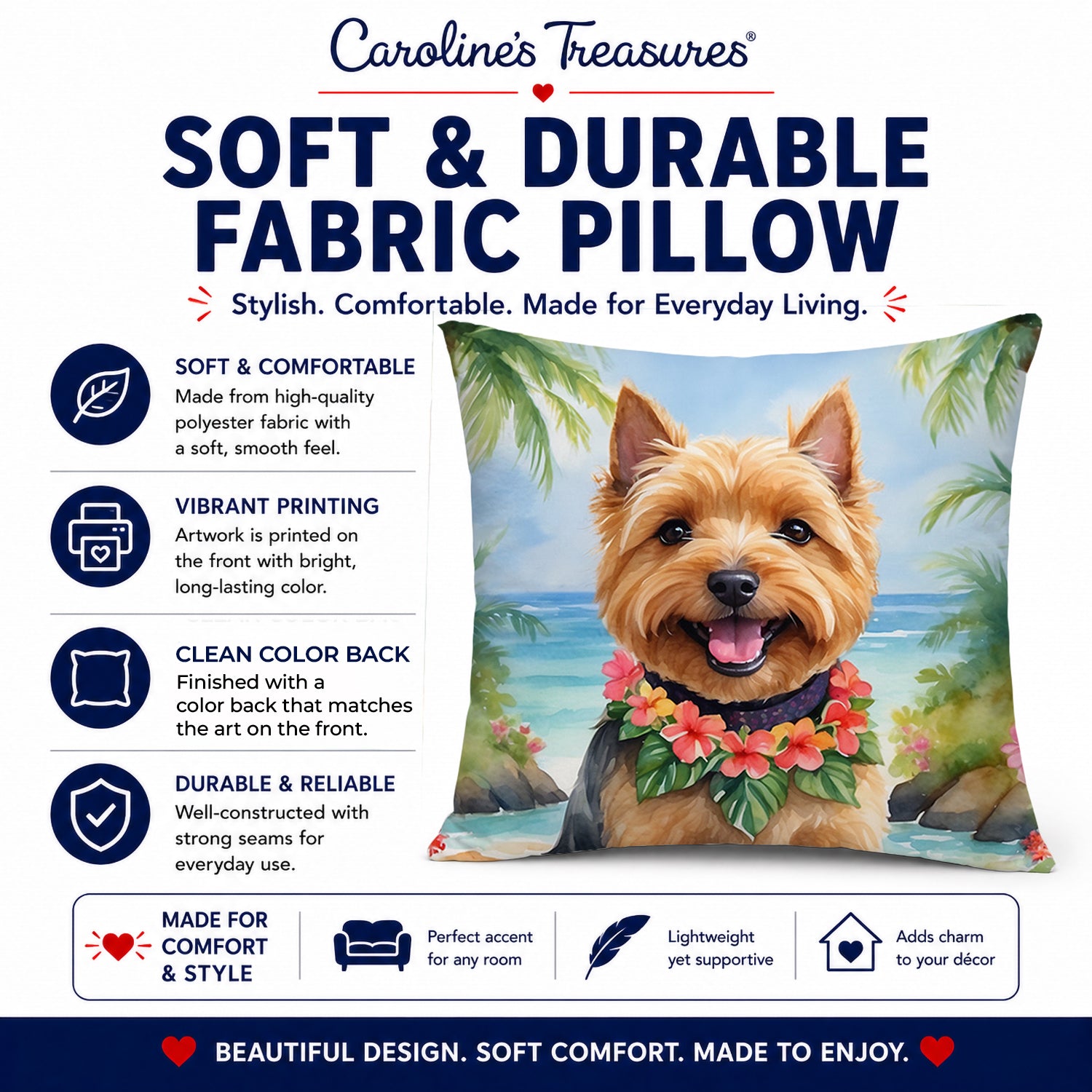 Norwich Terrier Luau Decorative Throw Pillow 14x14 Indoor Outdoor Accent Cushion, Fabric Cover with Insert for Sofa, Bed, Porch & Living Room