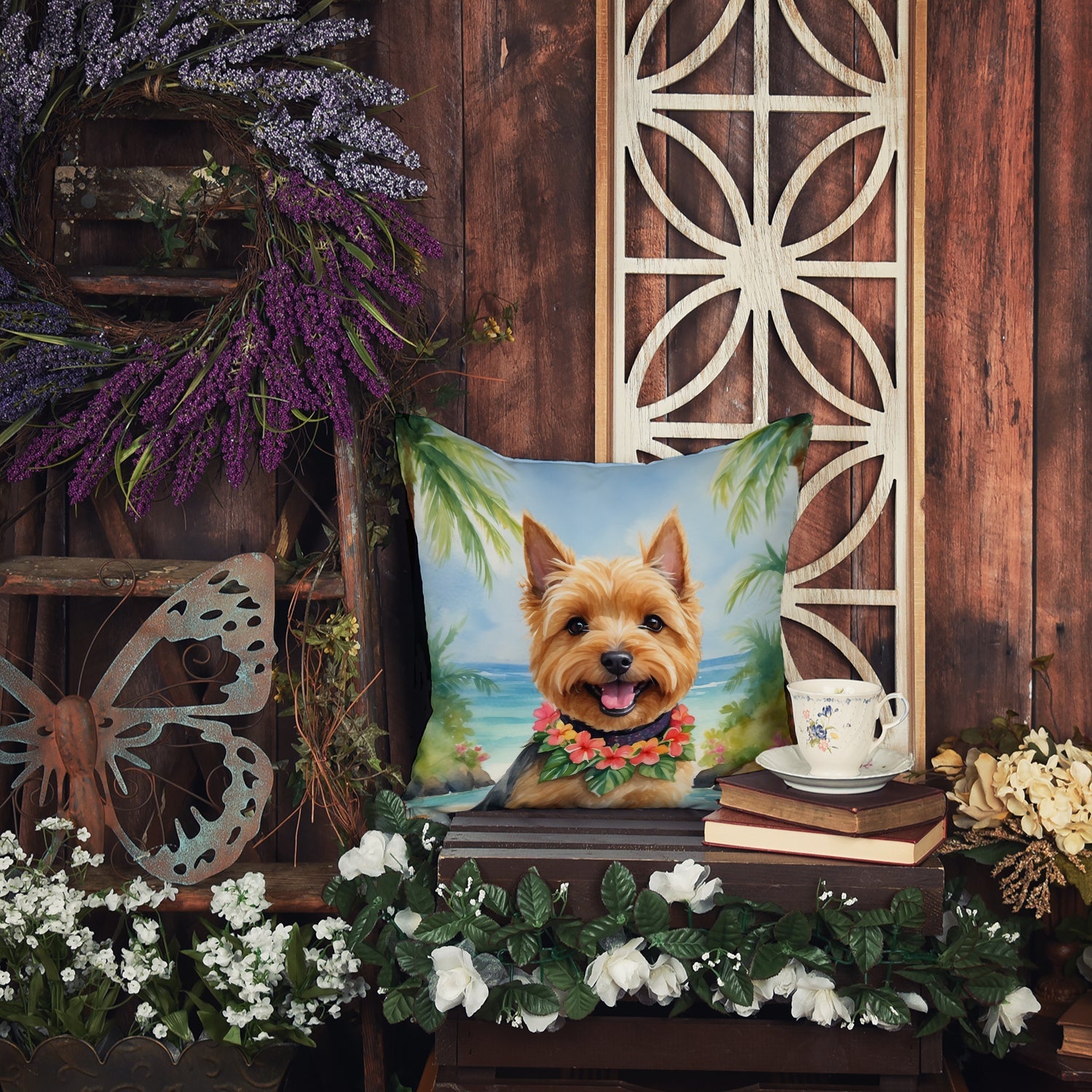 Norwich Terrier Luau Decorative Throw Pillow 18x18 Indoor Outdoor Accent Cushion, Fabric Cover with Insert for Sofa, Bed, Porch & Living Room