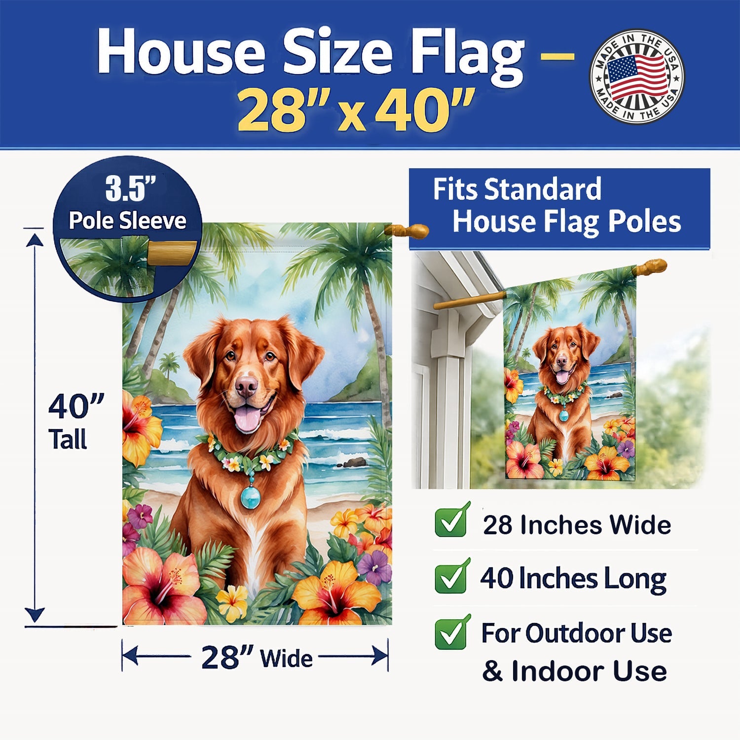 Nova Scotia Duck Tolling Retriever Luau House Flag 28x40 Porch Sleeve Pole Decorative Outside Yard Banner Artwork Wall Hanging, Polyester