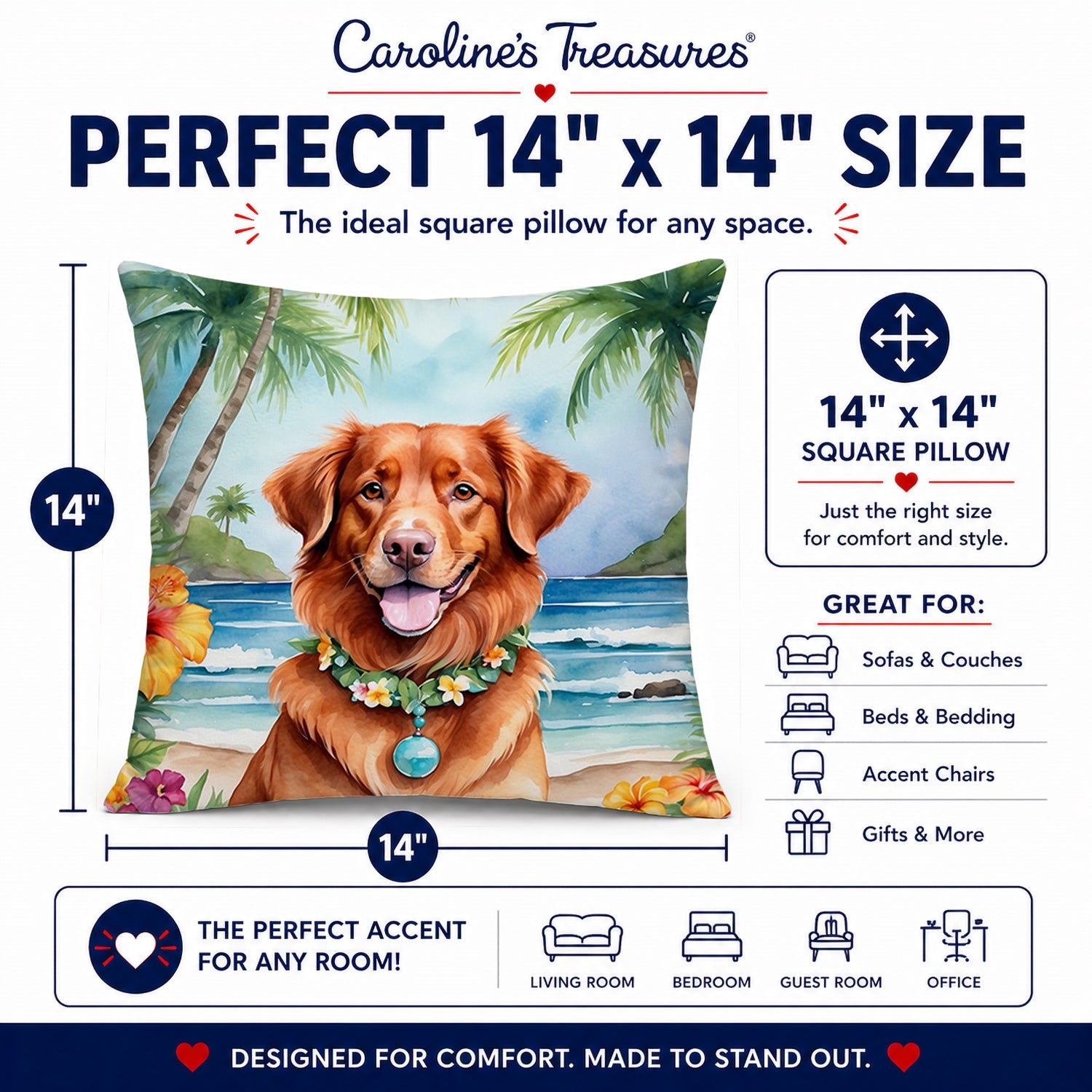 Nova Scotia Duck Tolling Retriever Luau Decorative Throw Pillow 14x14 Indoor Outdoor Accent Cushion, Fabric Cover with Insert for Sofa, Bed, Porch & Living Room