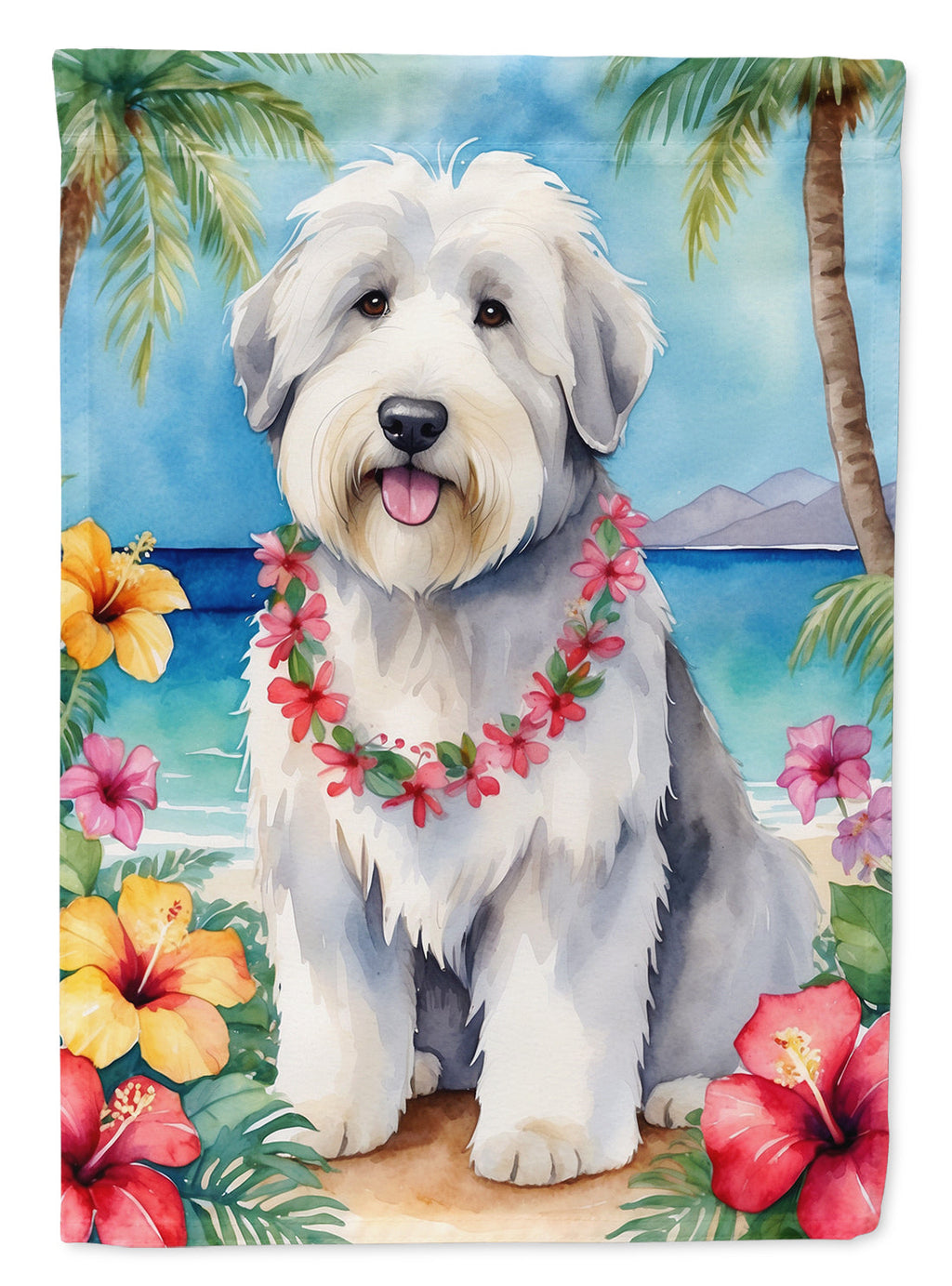 Old English Sheepdog Luau House Flag 28x40 Porch Sleeve Pole Decorative Outside Yard Banner Artwork Wall Hanging, Polyester