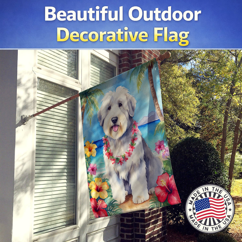 Old English Sheepdog Luau House Flag 28x40 Porch Sleeve Pole Decorative Outside Yard Banner Artwork Wall Hanging, Polyester