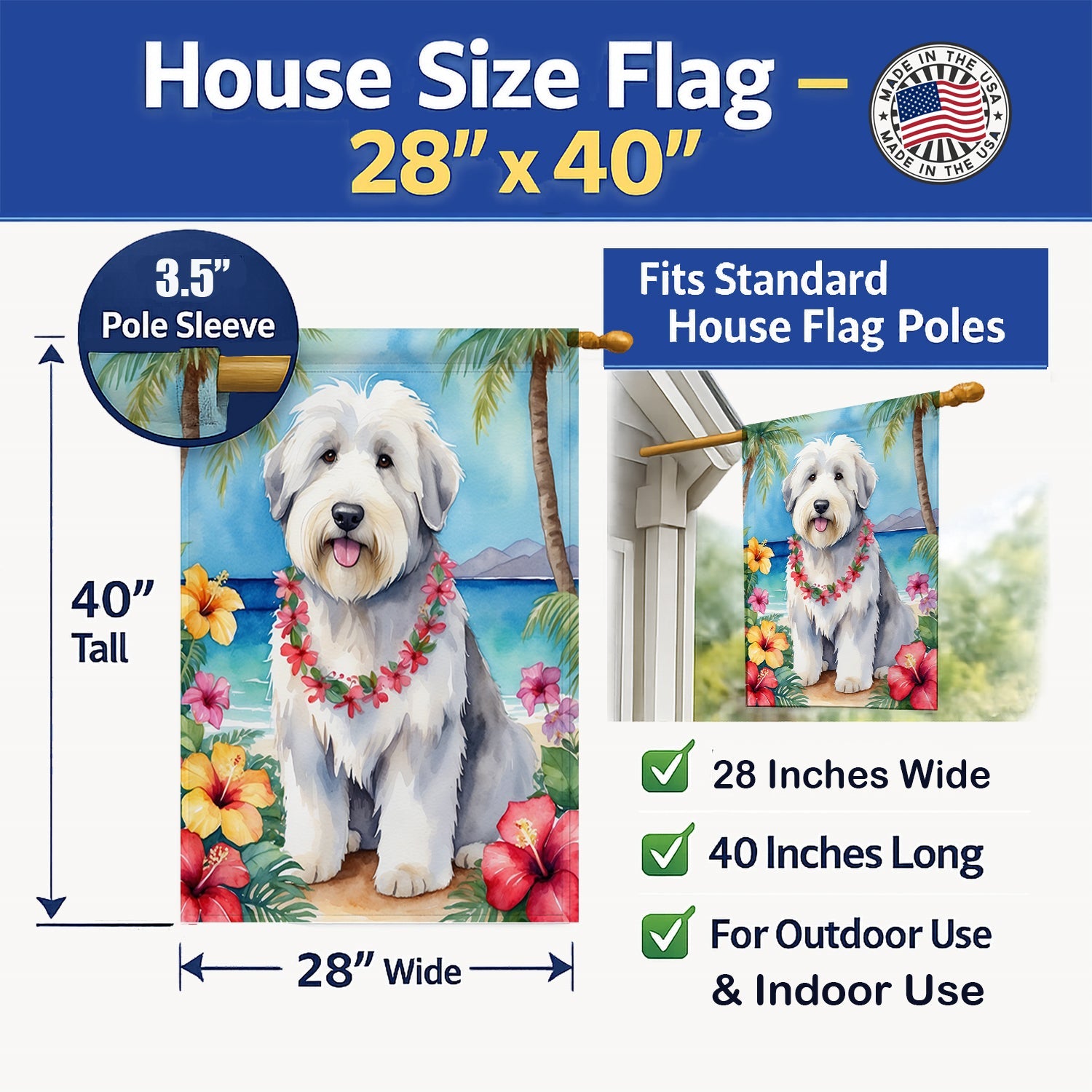 Old English Sheepdog Luau House Flag 28x40 Porch Sleeve Pole Decorative Outside Yard Banner Artwork Wall Hanging, Polyester