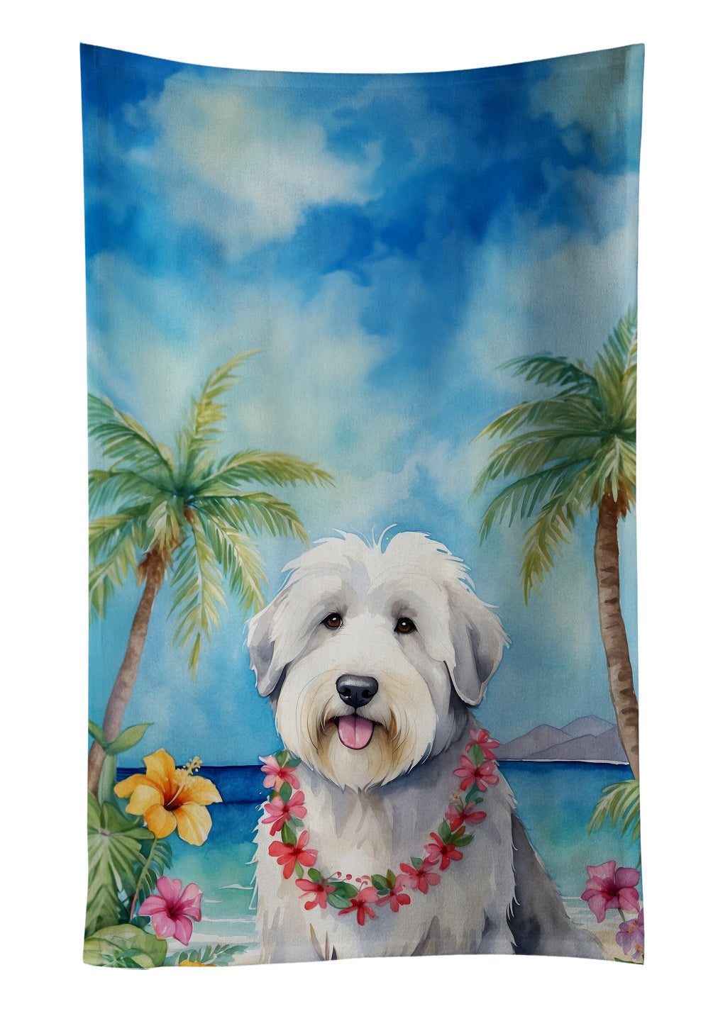 Old English Sheepdog Luau Kitchen Towel Velour Plush Front and Cotton Loop Back Machine Washable