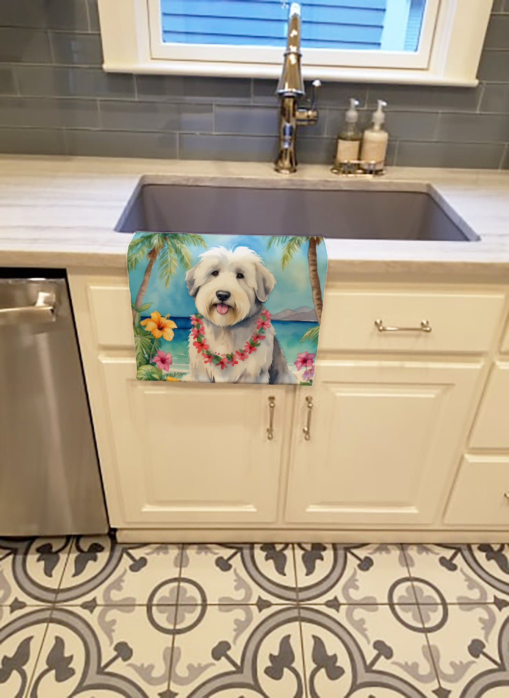 Old English Sheepdog Luau Kitchen Towel Velour Plush Front and Cotton Loop Back Machine Washable