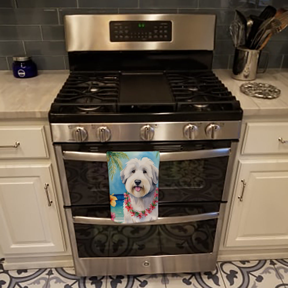 Old English Sheepdog Luau Kitchen Towel Velour Plush Front and Cotton Loop Back Machine Washable
