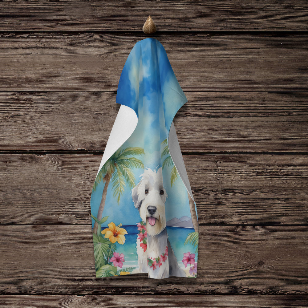Old English Sheepdog Luau Kitchen Towel Velour Plush Front and Cotton Loop Back Machine Washable