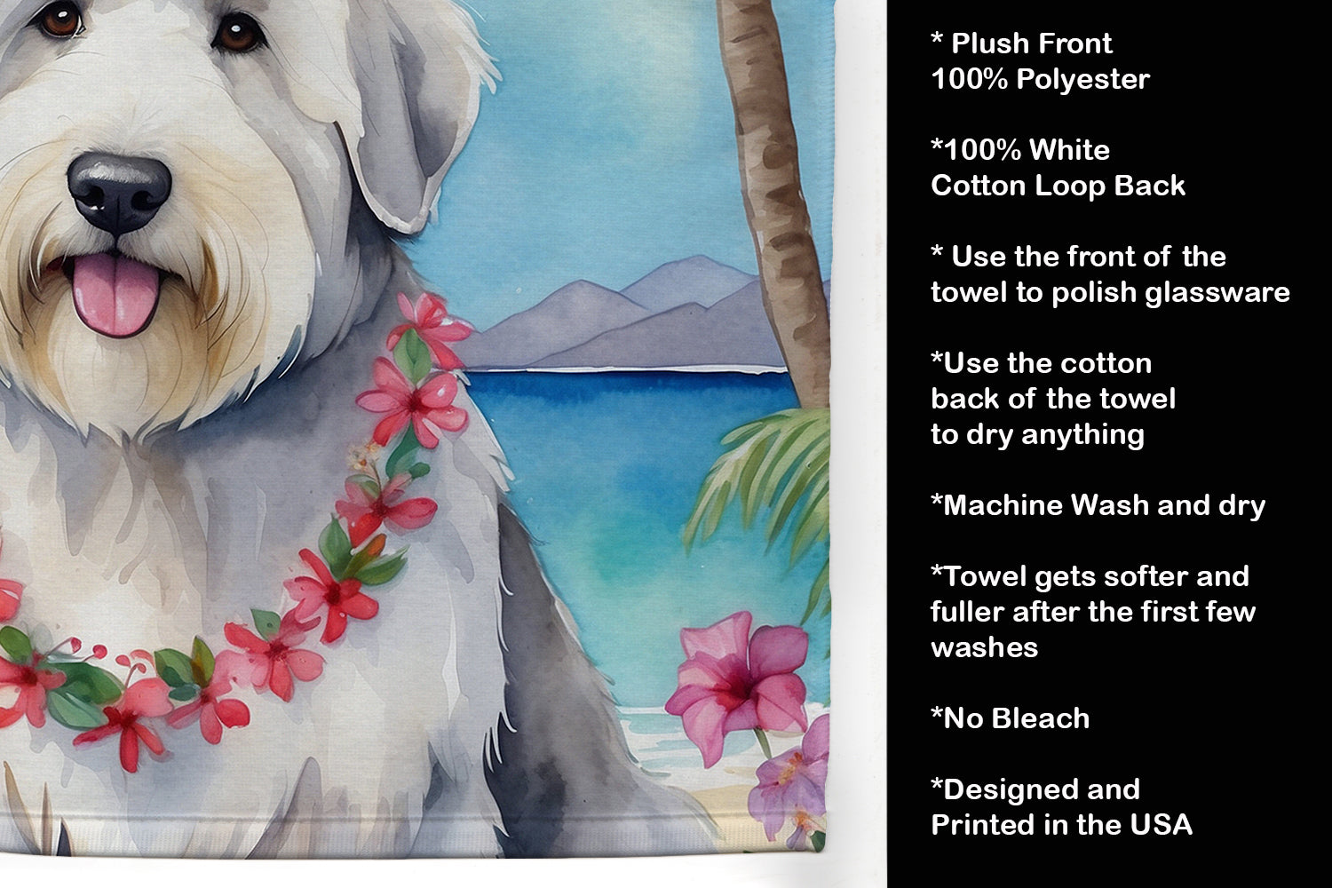 Old English Sheepdog Luau Kitchen Towel Velour Plush Front and Cotton Loop Back Machine Washable