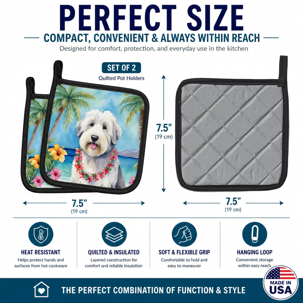 Old English Sheepdog Luau Pot Holder Set of 2 Heat Resistant Quilted Hot Pads 7.5 x 7.5 Inch, Insulated Kitchen Trivets for Cooking & Baking