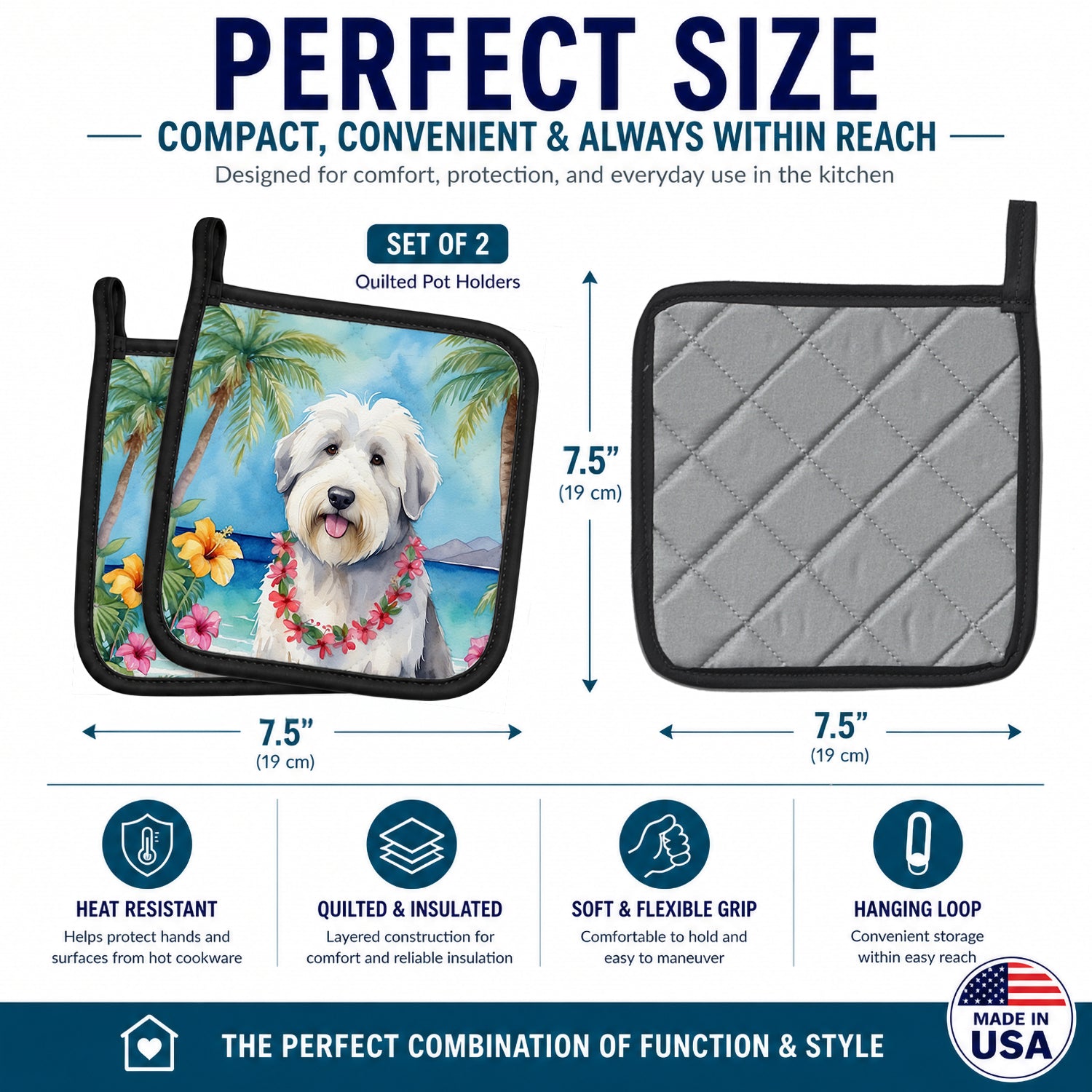 Old English Sheepdog Luau Pot Holder Set of 2 Heat Resistant Quilted Hot Pads 7.5 x 7.5 Inch, Insulated Kitchen Trivets for Cooking & Baking