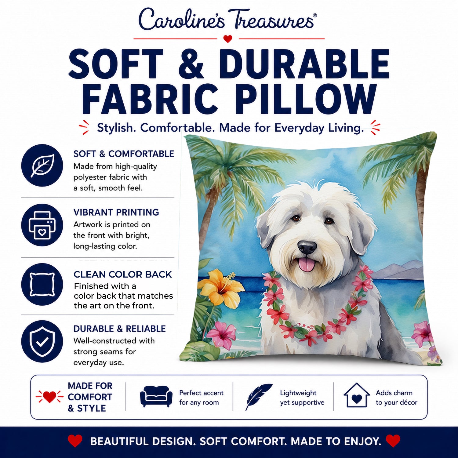 Old English Sheepdog Luau Decorative Throw Pillow 14x14 Indoor Outdoor Accent Cushion, Fabric Cover with Insert for Sofa, Bed, Porch & Living Room
